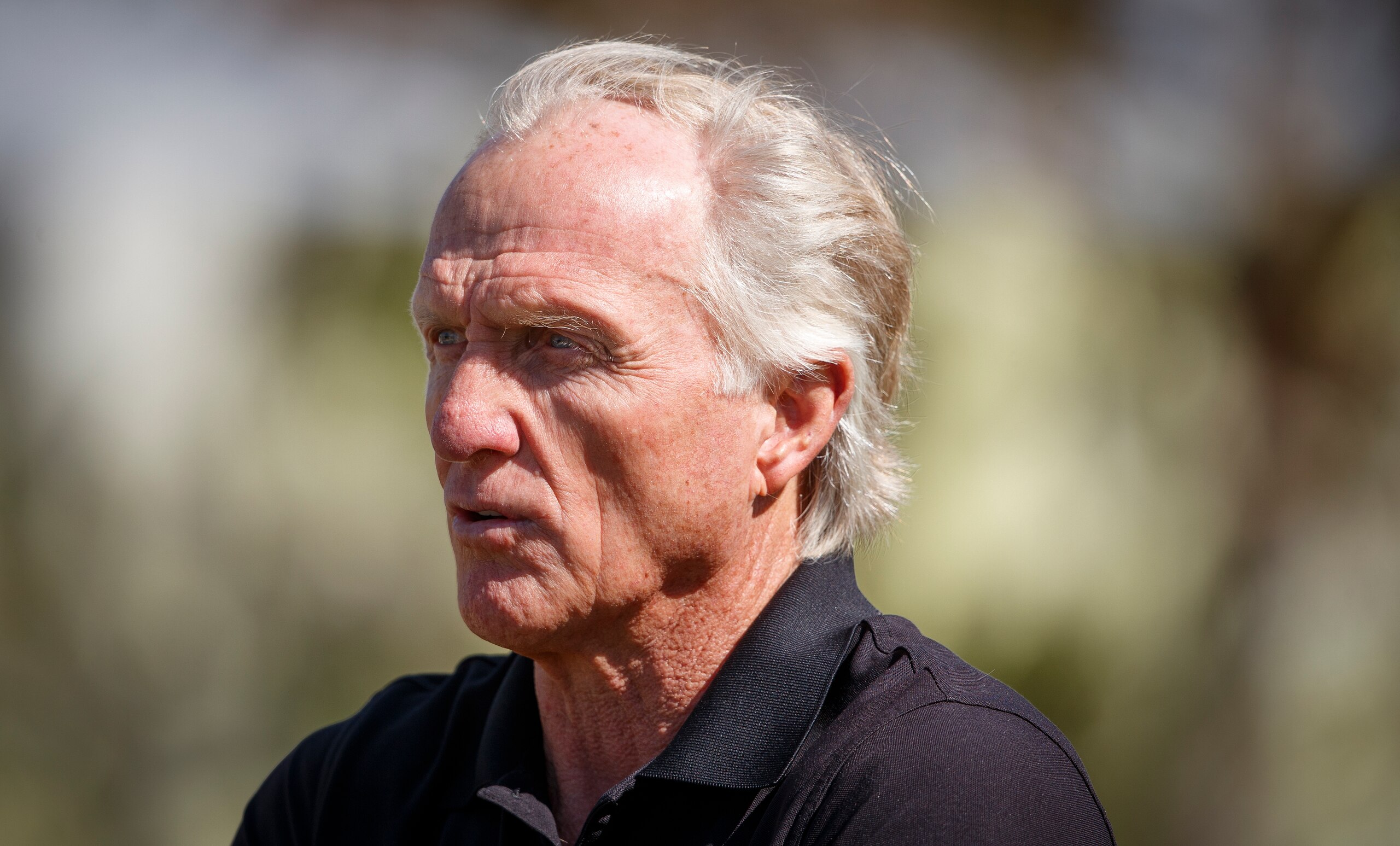 AL MUROOJ, SAUDI ARABIA - FEBRUARY 01: Greg Norman, CEO of Liv Golf Investments talks to the media during a practice round prior to the PIF Saudi International at Royal Greens Golf & Country Club on February 01, 2022 in Al Murooj, Saudi Arabia. (Photo by Oisin Keniry/Getty Images)