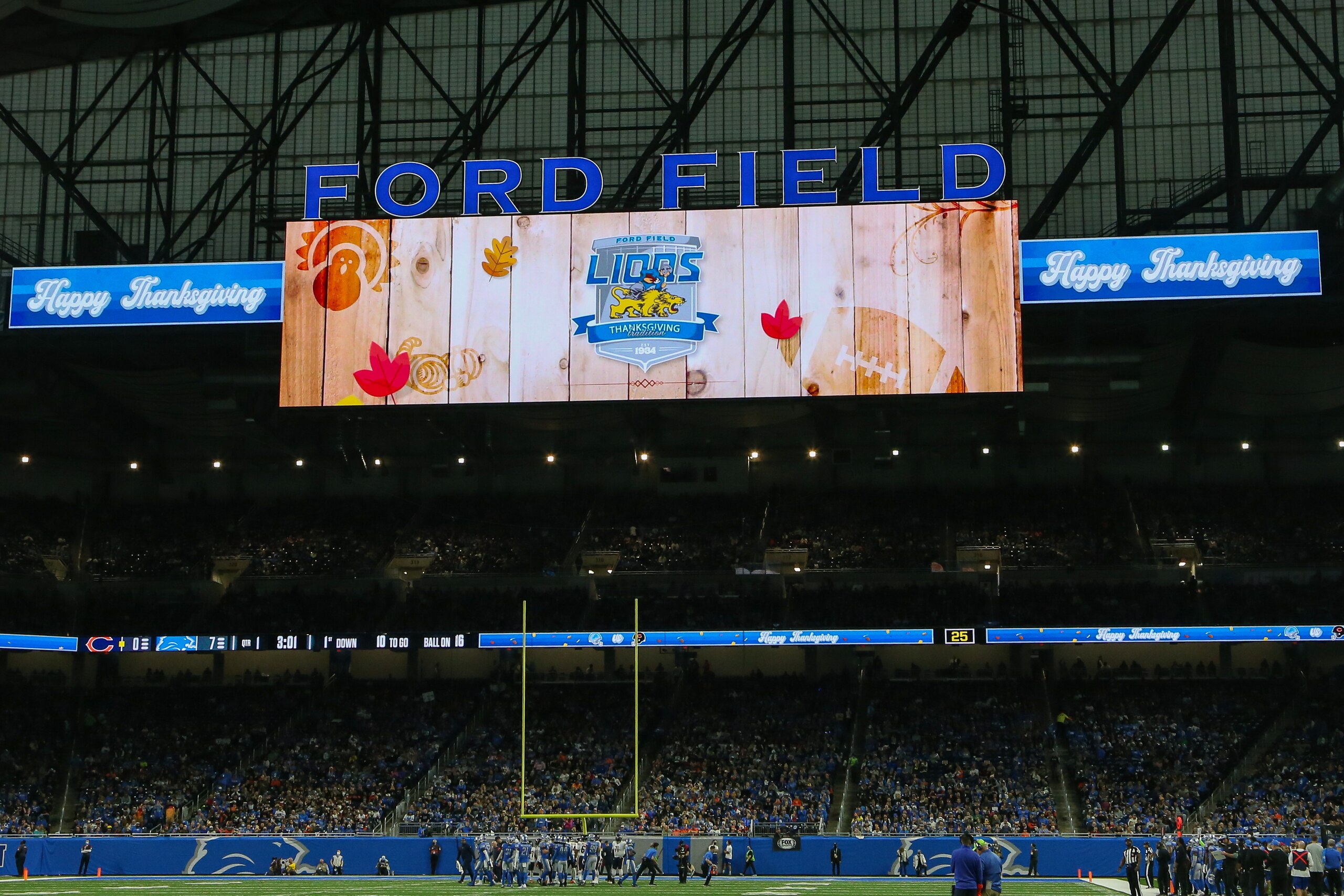 DETROIT, MI - NOVEMBER 25:  A general view of the video scoreboard displaying the Happy Thanksgiving message is seen during a regular season Thanksgiving Day NFL football game between the Chicago Bears and the Detroit Lions on November 25, 2021 at Ford Field in Detroit, Michigan.  (Photo by Scott W. Grau/Icon Sportswire via Getty Images)