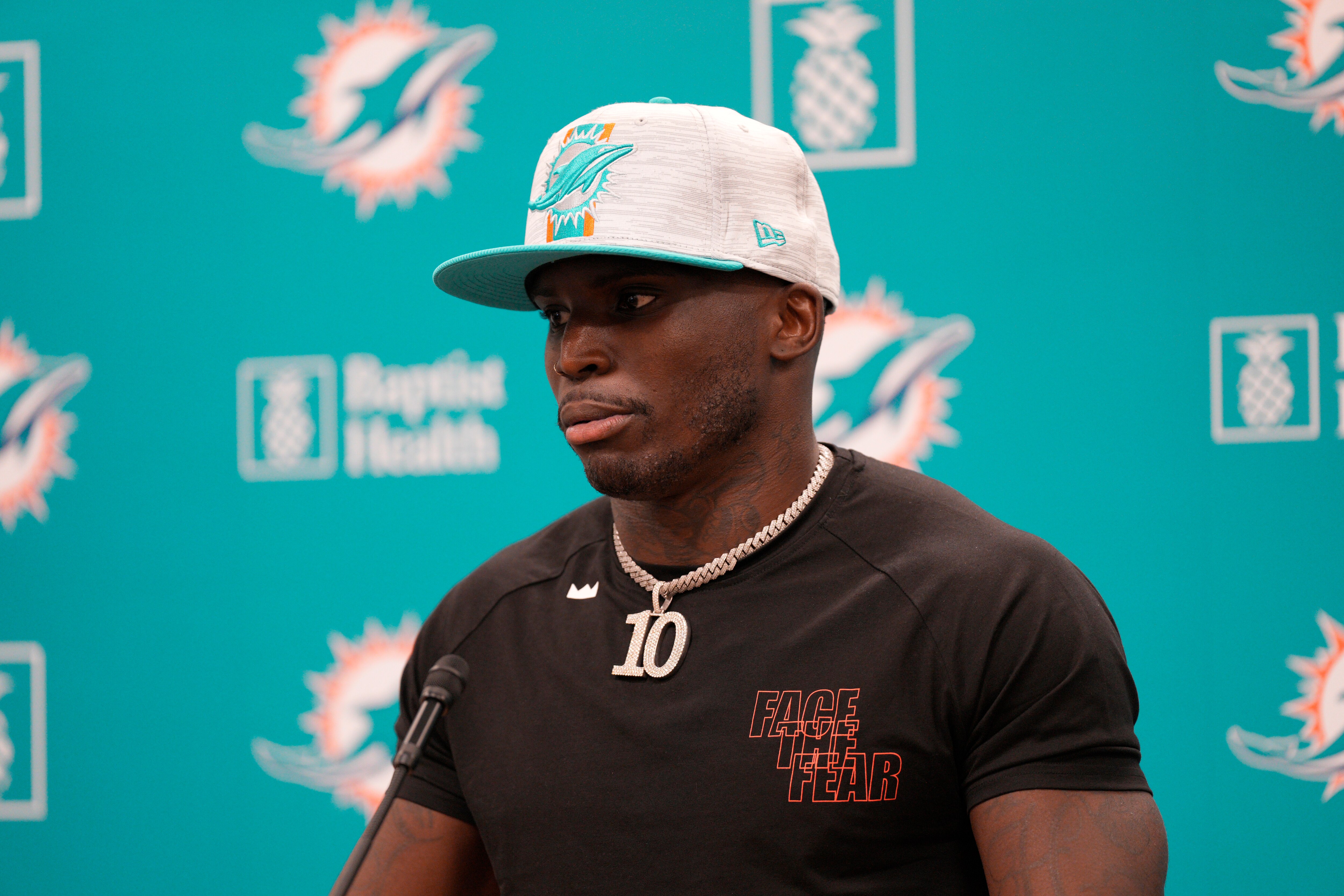 MIAMI GARDENS, FLORIDA - MARCH 24: Tyreek Hill speaks with the media after being introduced by the Miami Dolphins at Baptist Health Training Complex on March 24, 2022 in Miami Gardens, Florida. (Photo by Mark Brown/Getty Images)