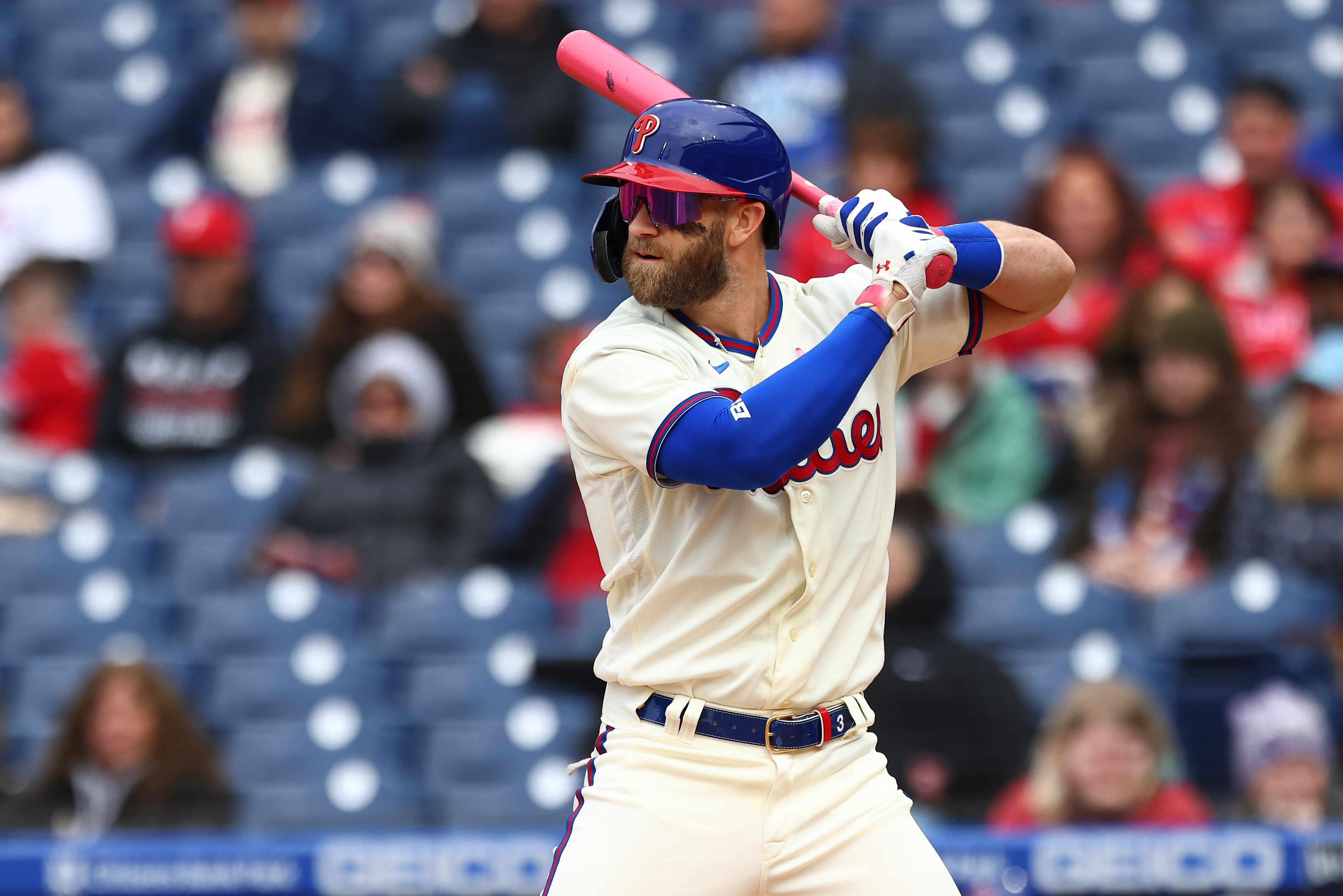 PHILADELPHIA, PA - MAY 08: Bryce Harper #3 of the Philadelphia Phillies in action against the New York Mets during game two of a double header at Citizens Bank Park on May 8, 2022 in Philadelphia, Pennsylvania. (Photo by Rich Schultz/Getty Images)
