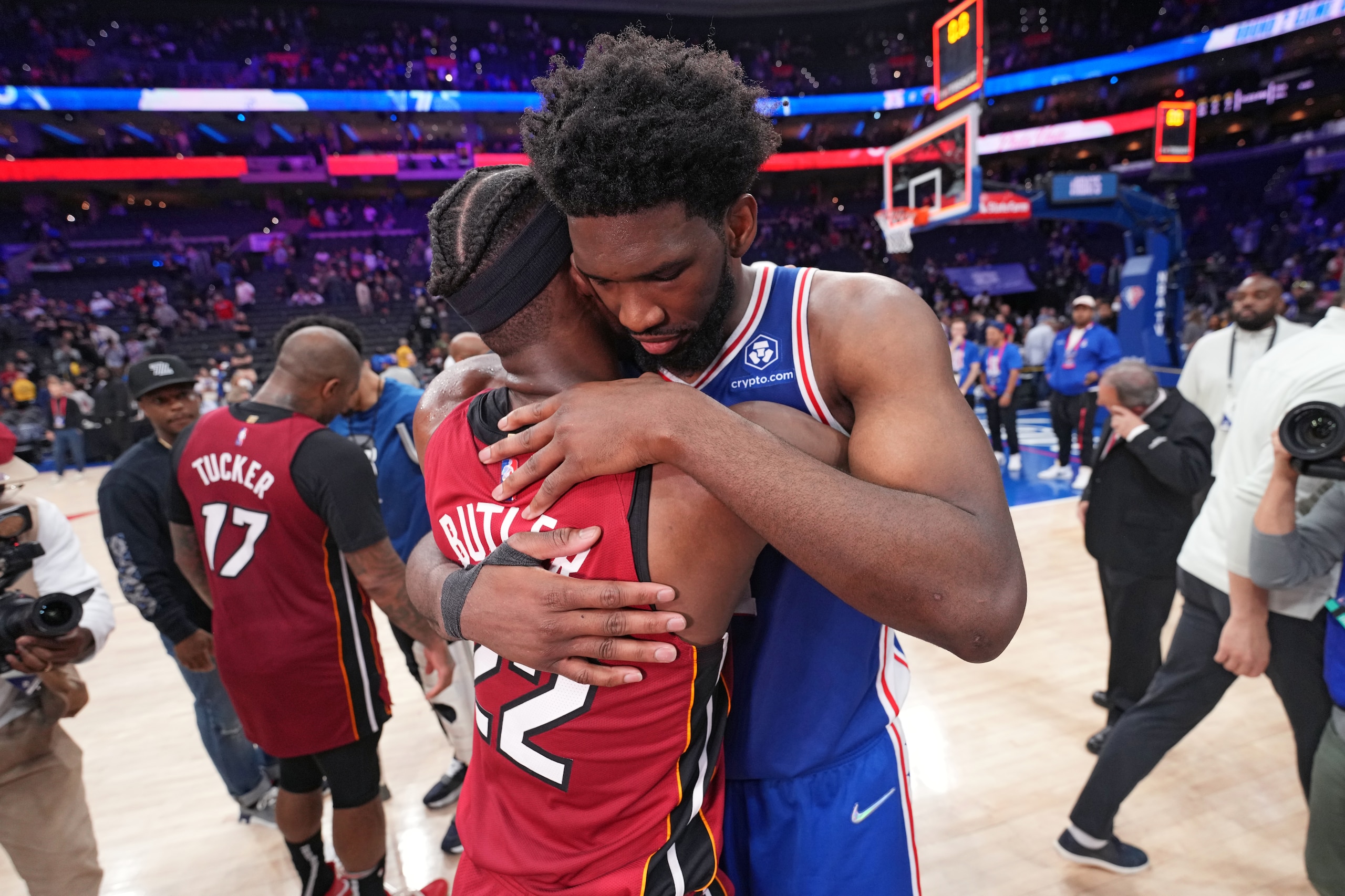 PHILADELPHIA, PA - MAY 12: Jimmy Butler #22 of the Miami Heat and Joel Embiid #21 of the Philadelphia 76ers hug after Game 6 of the 2022 NBA Playoffs Eastern Conference Semifinals on May 12, 2022 at Wells Fargo Center in Philadelphia, Pennsylvania. NOTE TO USER: User expressly acknowledges and agrees that, by downloading and/or using this Photograph, user is consenting to the terms and conditions of the Getty Images License Agreement. Mandatory Copyright Notice: Copyright 2022 NBAE (Photo by Jesse D. Garrabrant/NBAE via Getty Images) PHILADELPHIA, PA - MAY 12: Jimmy Butler #22 of the Miami Heat and Joel Embiid #21 of the Philadelphia 76ers hug after Game 6 of the 2022 NBA Playoffs Eastern Conference Semifinals on May 12, 2022 at Wells Fargo Center in Philadelphia, Pennsylvania. NOTE TO USER: User expressly acknowledges and agrees that, by downloading and/or using this Photograph, user is consenting to the terms and conditions of the Getty Images License Agreement. Mandatory Copyright Notice: Copyright 2022 NBAE (Photo by Jesse D. Garrabrant/NBAE via Getty Images)