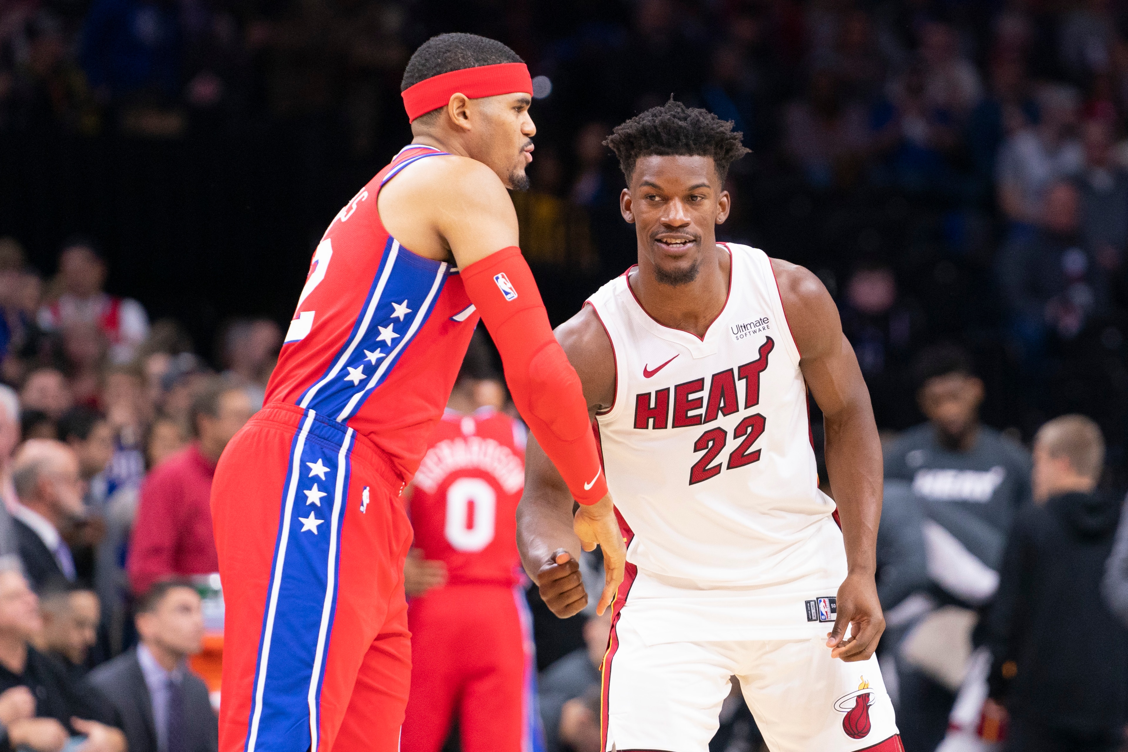 PHILADELPHIA, PA - NOVEMBER 23: Tobias Harris #12 of the Philadelphia 76ers shakes hands with Jimmy Butler #22 of the Miami Heat at the Wells Fargo Center on November 23, 2019 in Philadelphia, Pennsylvania. The 76ers defeated the Heat 113-86. NOTE TO USER: User expressly acknowledges and agrees that, by downloading and/or using this photograph, user is consenting to the terms and conditions of the Getty Images License Agreement. (Photo by Mitchell Leff/Getty Images) PHILADELPHIA, PA - NOVEMBER 23: Tobias Harris #12 of the Philadelphia 76ers shakes hands with Jimmy Butler #22 of the Miami Heat at the Wells Fargo Center on November 23, 2019 in Philadelphia, Pennsylvania. The 76ers defeated the Heat 113-86. NOTE TO USER: User expressly acknowledges and agrees that, by downloading and/or using this photograph, user is consenting to the terms and conditions of the Getty Images License Agreement. (Photo by Mitchell Leff/Getty Images)