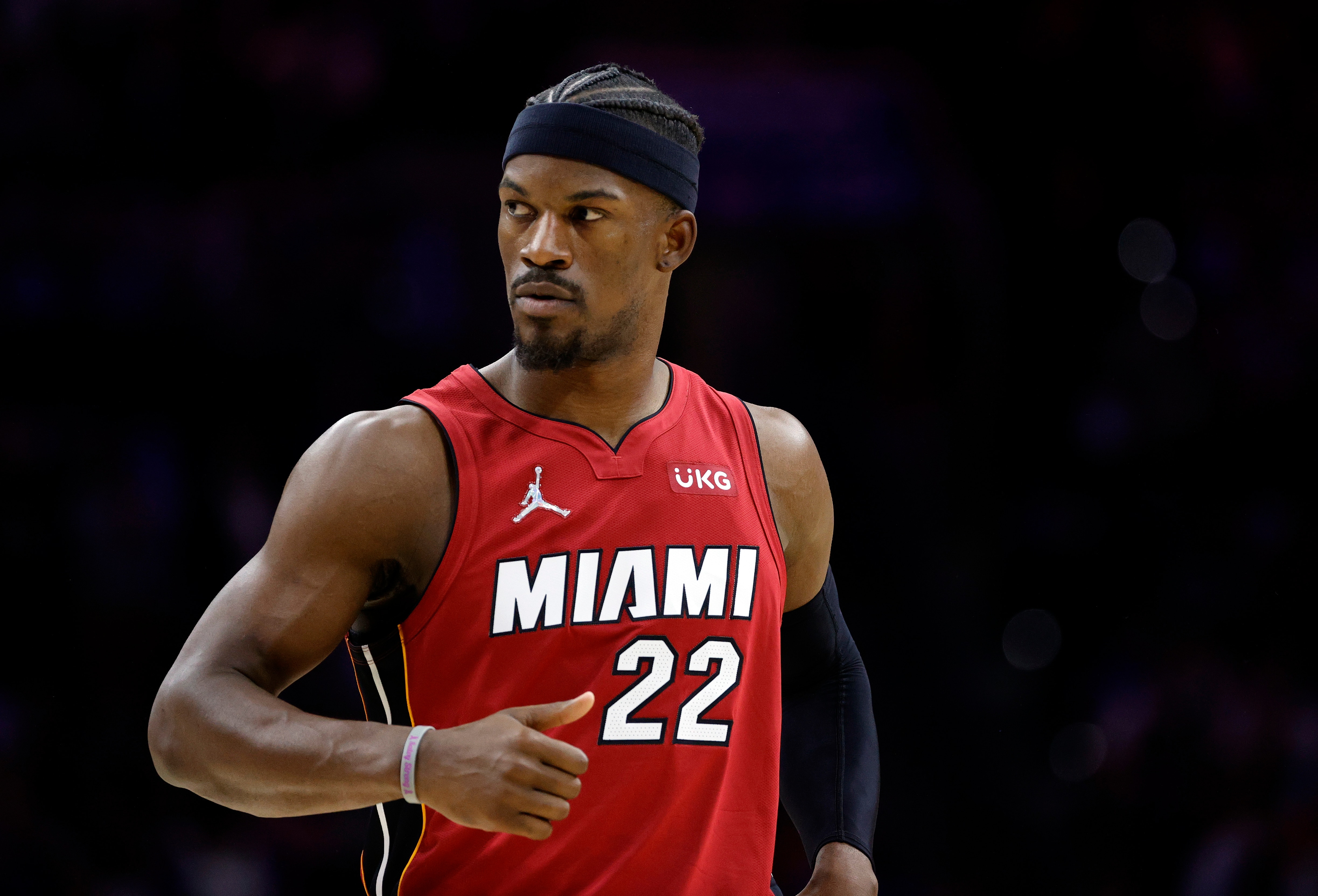 PHILADELPHIA, PENNSYLVANIA - MAY 12:  Jimmy Butler #22 of the Miami Heat in Game Six of the 2022 NBA Playoffs Eastern Conference Semifinals at Wells Fargo Center on May 12, 2022 in Philadelphia, Pennsylvania. NOTE TO USER: User expressly acknowledges and agrees that, by downloading and/or using this photograph, User is consenting to the terms and conditions of the Getty Images License Agreement. (Photo by Tim Nwachukwu/Getty Images)