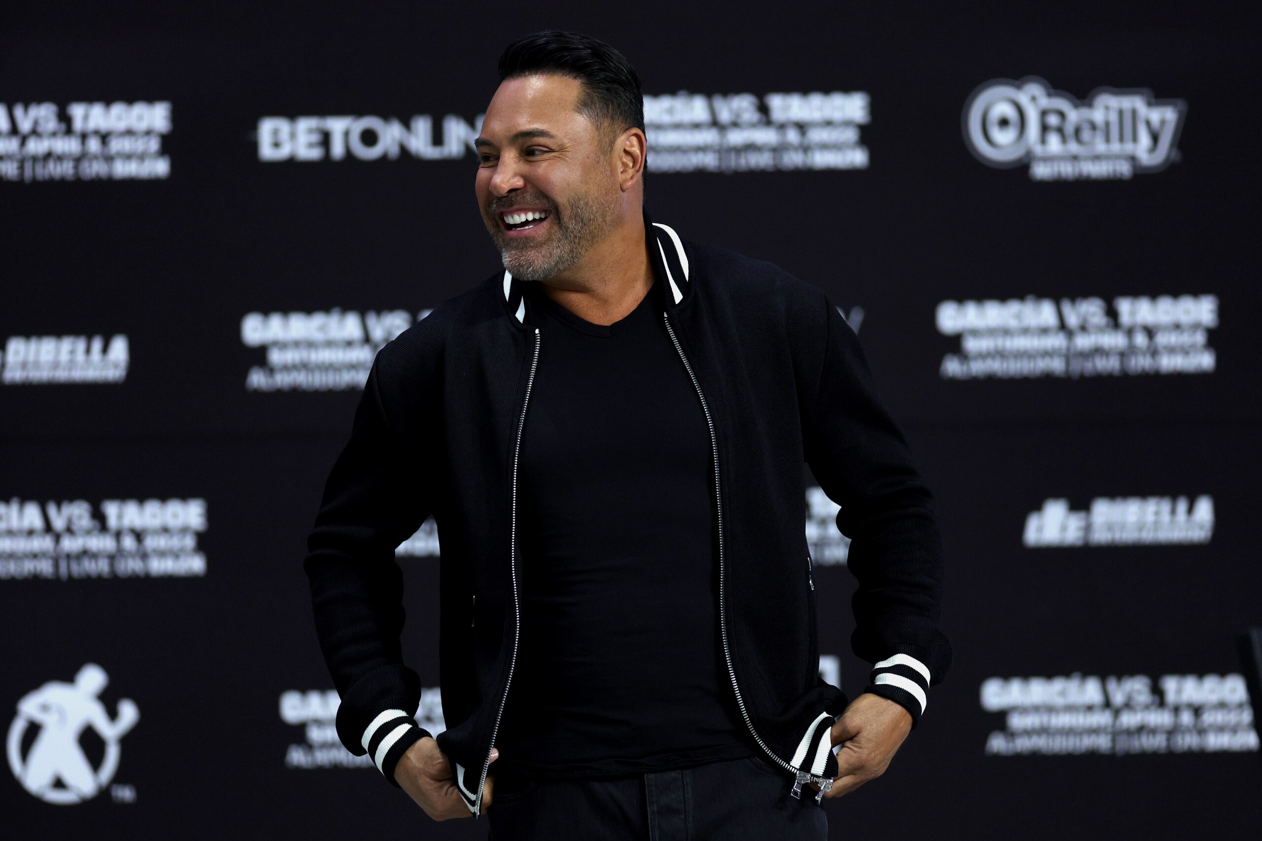SAN ANTONIO, TEXAS - APRIL 08: Oscar De La Hoya is seen onstage during official his weigh-in's at the Alamodome on April 08, 2022 in San Antonio, Texas. (Photo by Carmen Mandato/Getty Images)