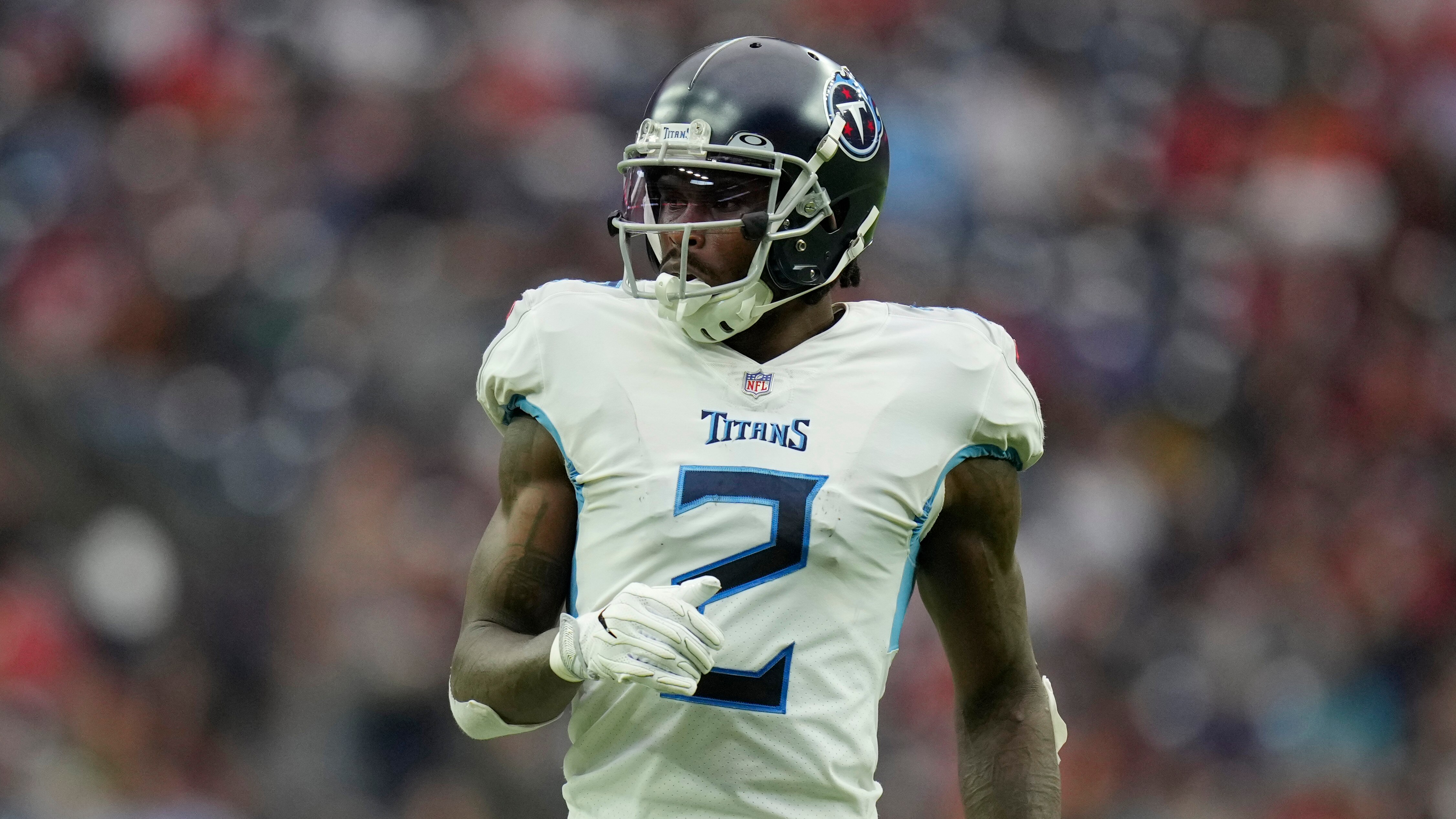 Tennessee Titans wide receiver Julio Jones (2) during the first half of an NFL football game against the Houston Texans, Sunday, Jan. 9, 2022, in Houston. (AP Photo/Eric Christian Smith)