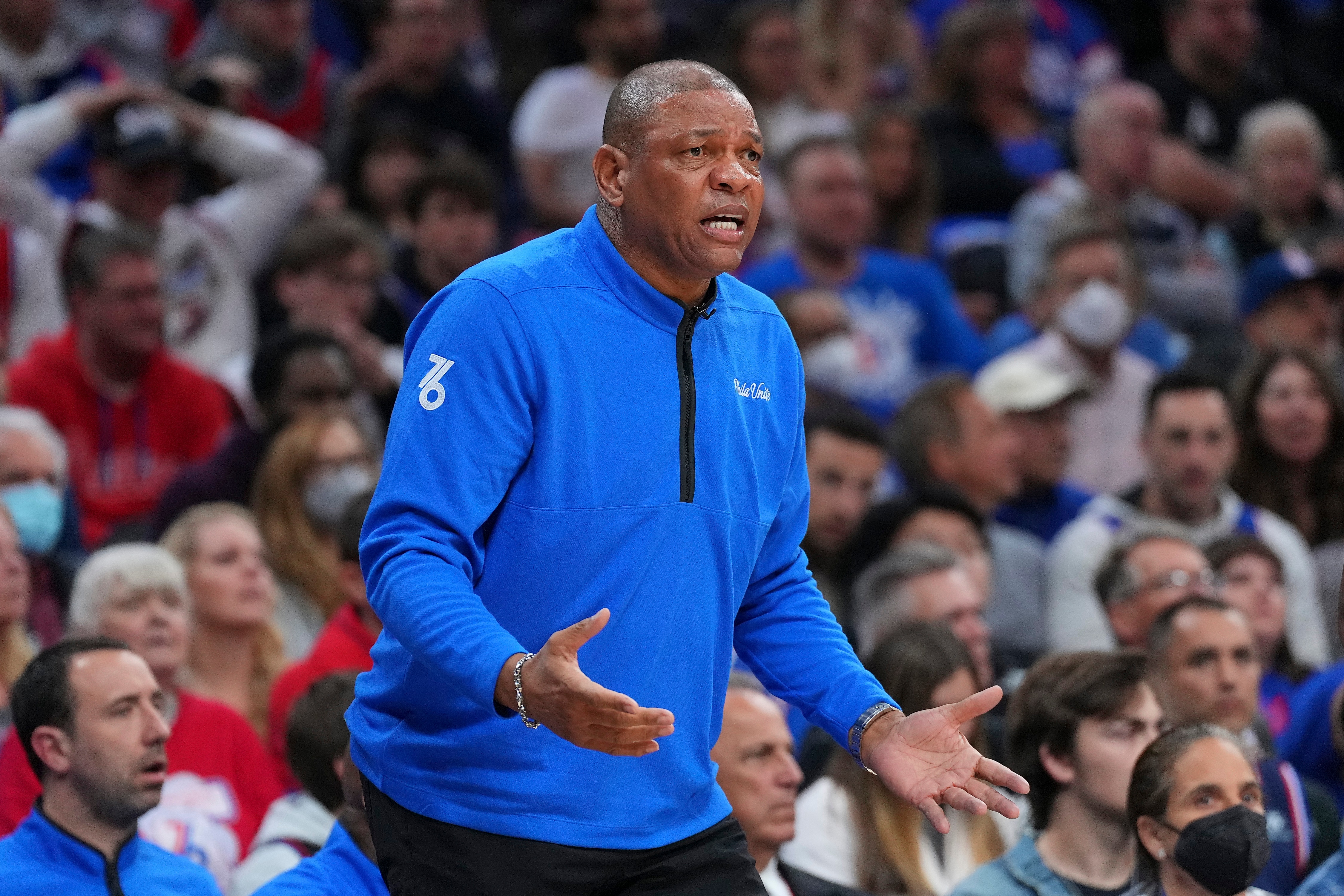 PHILADELPHIA, PA - MAY 08: Head coach Doc Rivers of the Philadelphia 76ers reacts against the Miami Heat during Game Four of the 2022 NBA Playoffs Eastern Conference Semifinals at the Wells Fargo Center on May 8, 2022 in Philadelphia, Pennsylvania. The 76ers defeated the Heat 116-108. NOTE TO USER: User expressly acknowledges and agrees that, by downloading and or using this photograph, User is consenting to the terms and conditions of the Getty Images License Agreement. (Photo by Mitchell Leff/Getty Images)