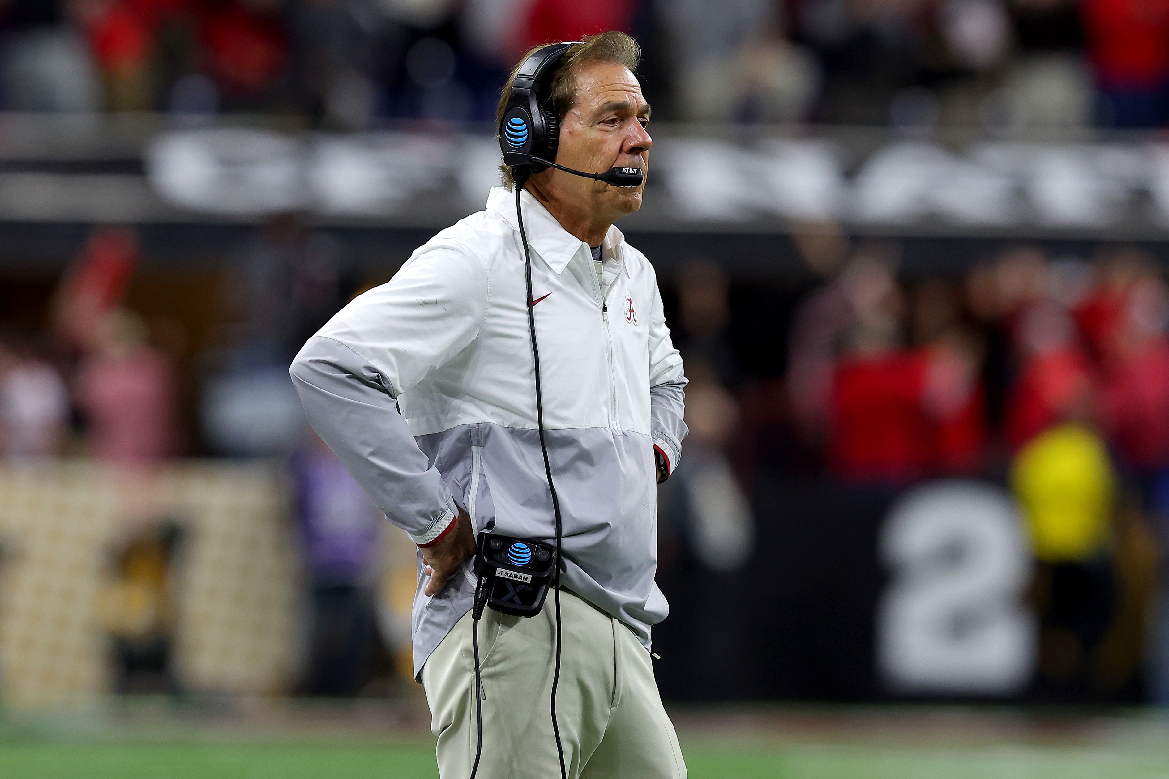 INDIANAPOLIS, INDIANA - JANUARY 10: Head coach Nick Saban of the Alabama Crimson Tide reacts after the Georgia Bulldogs scores a touchdown in the third quarter during the 2022 CFP National Championship Game at Lucas Oil Stadium on January 10, 2022 in Indianapolis, Indiana. (Photo by Kevin C. Cox/Getty Images)