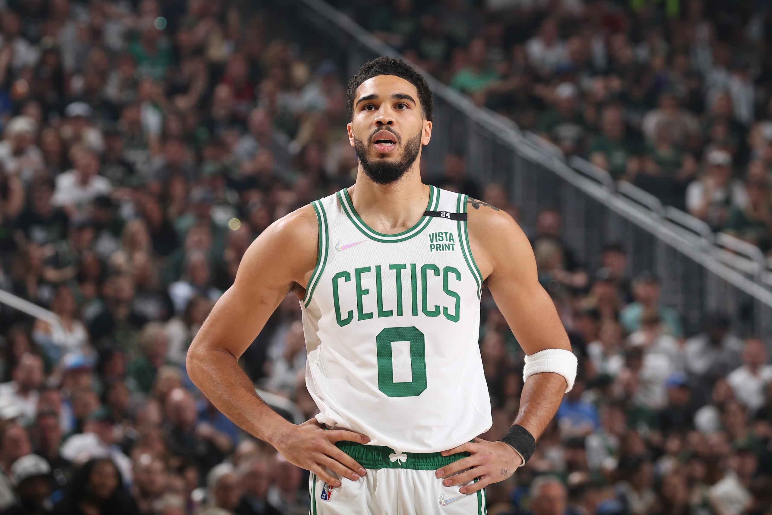MILWAUKEE, WI - MAY 13: Jayson Tatum #0 of the Boston Celtics looks on during the game against the Milwaukee Bucks during Game 6 of the 2022 NBA Playoffs Eastern Conference Semifinals on May 13, 2022 at the Fiserv Forum Center in Milwaukee, Wisconsin. NOTE TO USER: User expressly acknowledges and agrees that, by downloading and or using this Photograph, user is consenting to the terms and conditions of the Getty Images License Agreement. Mandatory Copyright Notice: Copyright 2022 NBAE (Photo by Gary Dineen/NBAE via Getty Images).