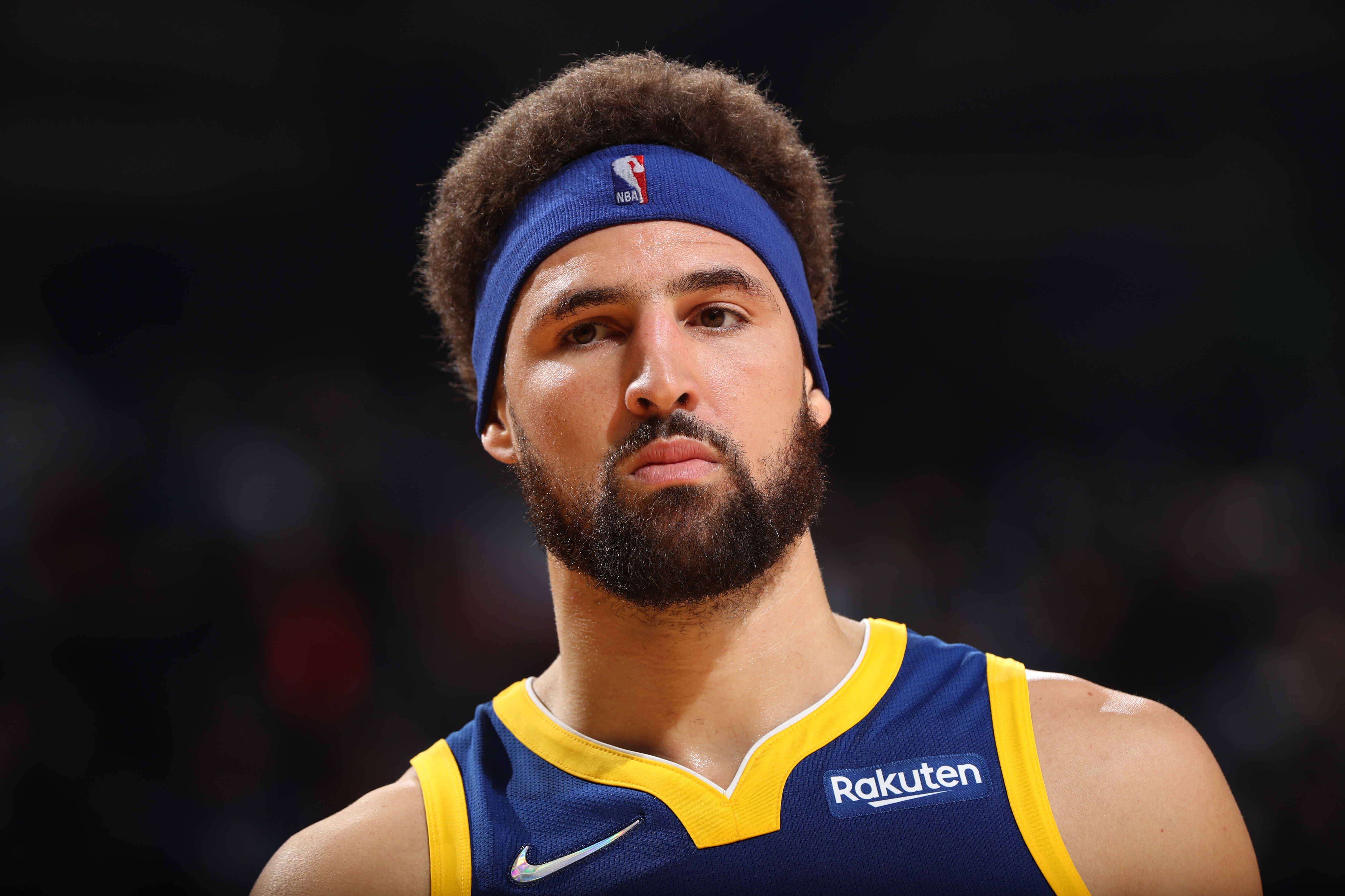 San Francisco, CA - MAY 13: Klay Thompson #11 of the Golden State Warriors looks on during Game 6 of the 2022 NBA Playoffs Western Conference Semifinals on May 13, 2021 at Chase Center in San Francisco, California. NOTE TO USER: User expressly acknowledges and agrees that, by downloading and or using this photograph, User is consenting to the terms and conditions of the Getty Images License Agreement. Mandatory Copyright Notice: Copyright 2021 NBAE (Photo by Joe Murphy/NBAE via Getty Images)