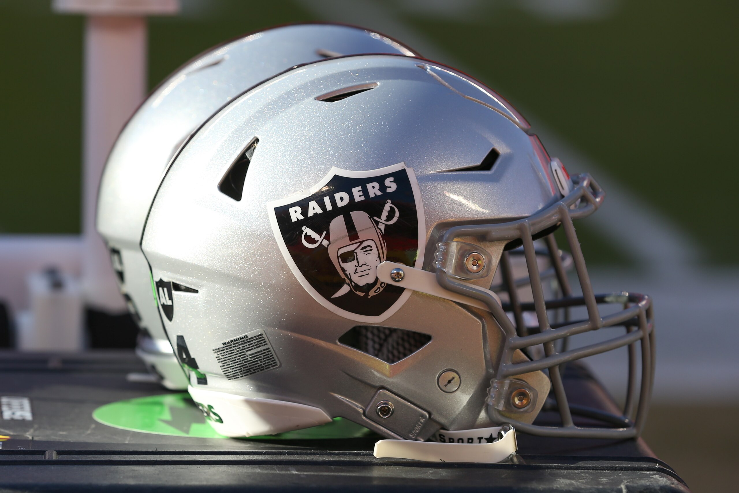 KANSAS CITY, MO - DECEMBER 12: A view of Las Vegas Raiders helmets before an NFL game between the Las Vegas Raiders and Kansas City Chiefs on Dec 12, 2021 at GEHA Field at Arrowhead Stadium in Kansas City, MO. (Photo by Scott Winters/Icon Sportswire via Getty Images)