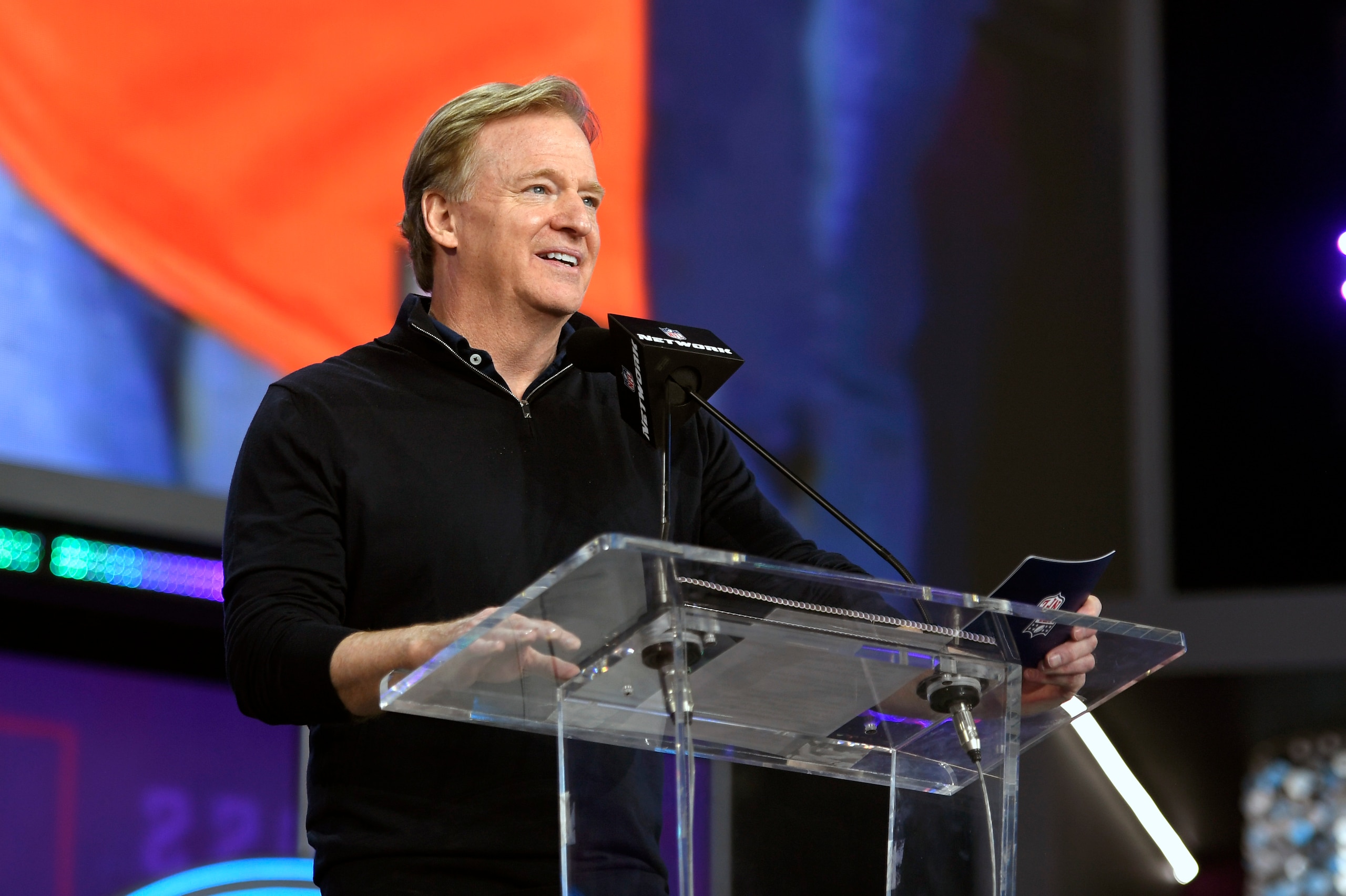 LAS VEGAS, NEVADA - APRIL 30: NFL Commission Roger Goodell speaks during round four of the 2022 NFL Draft on April 30, 2022 in Las Vegas, Nevada. (Photo by David Becker/Getty Images)