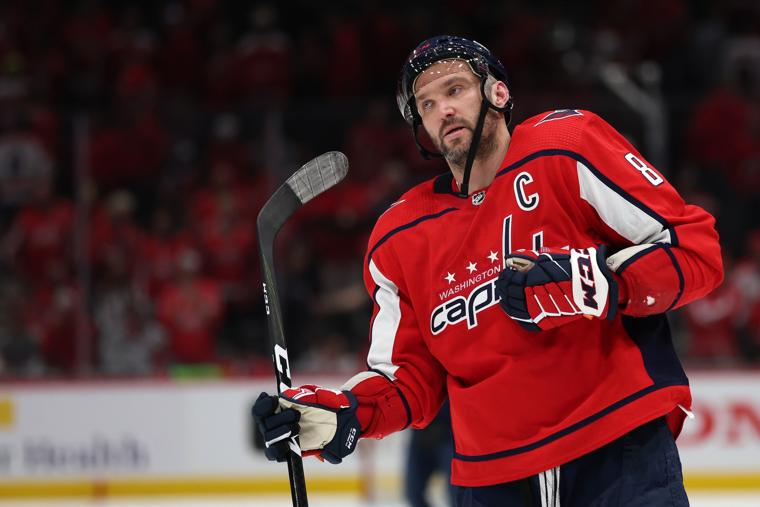 WASHINGTON, DC - MAY 13: Alex Ovechkin #8 of the Washington Capitals reacts after losing to the Florida Panthers during overtime in Game Six of the First Round of the 2022 Stanley Cup Playoffs at Capital One Arena on May 13, 2022 in Washington, DC. (Photo by Patrick Smith/Getty Images)