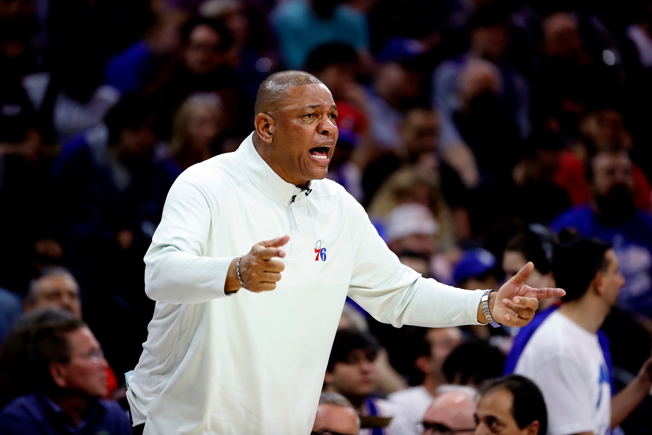 PHILADELPHIA, PENNSYLVANIA - MAY 12: Head coach Doc Rivers of the Philadelphia 76ers during play against the Miami Heat in Game Six of the 2022 NBA Playoffs Eastern Conference Semifinals at Wells Fargo Center on May 12, 2022 in Philadelphia, Pennsylvania. NOTE TO USER: User expressly acknowledges and agrees that, by downloading and/or using this photograph, User is consenting to the terms and conditions of the Getty Images License Agreement. (Photo by Tim Nwachukwu/Getty Images)