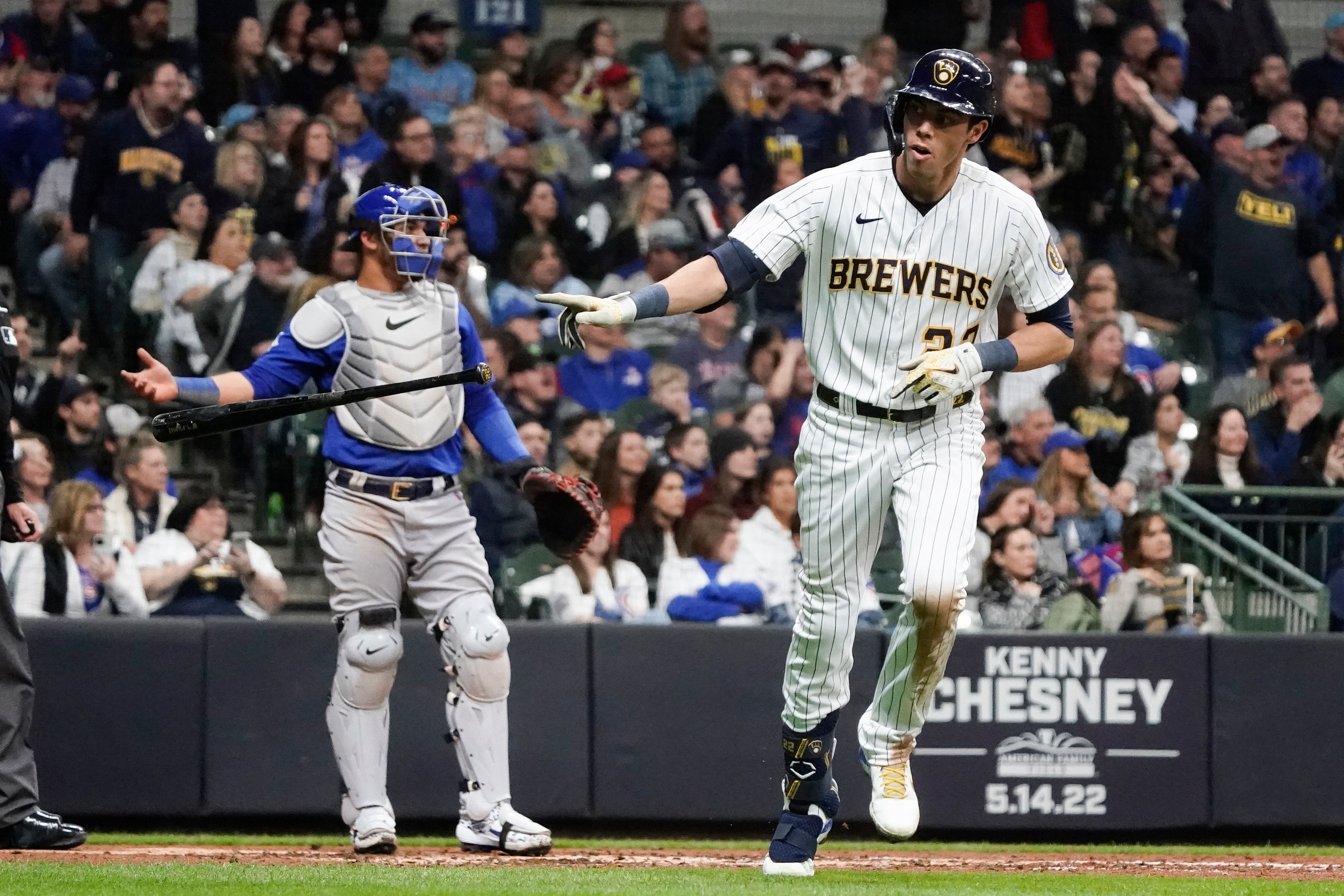 Milwaukee Brewers' Christian Yelich hits a two-run home run during the fifth inning of a baseball game against the Chicago Cubs Friday, April 29, 2022, in Milwaukee. (AP Photo/Morry Gash)