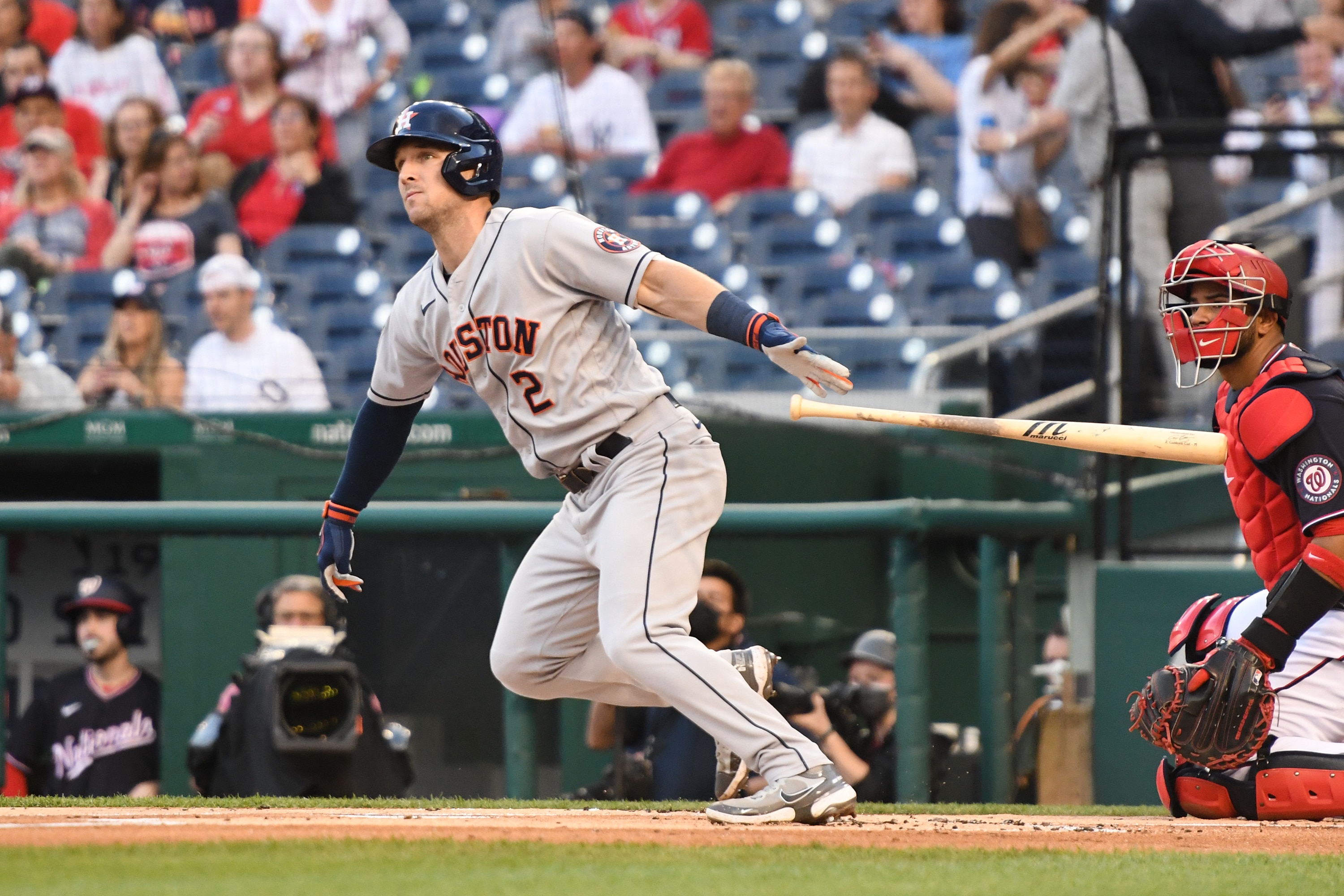 WASHINGTON, DC - MAY 13:  Alex Bregman #2 of the Houston Astros doubles in a run in the first inning during a baseball game against the Washington Nationals at Nationals Park on May 13, 2022 in Washington, DC.  (Photo by Mitchell Layton/Getty Images)