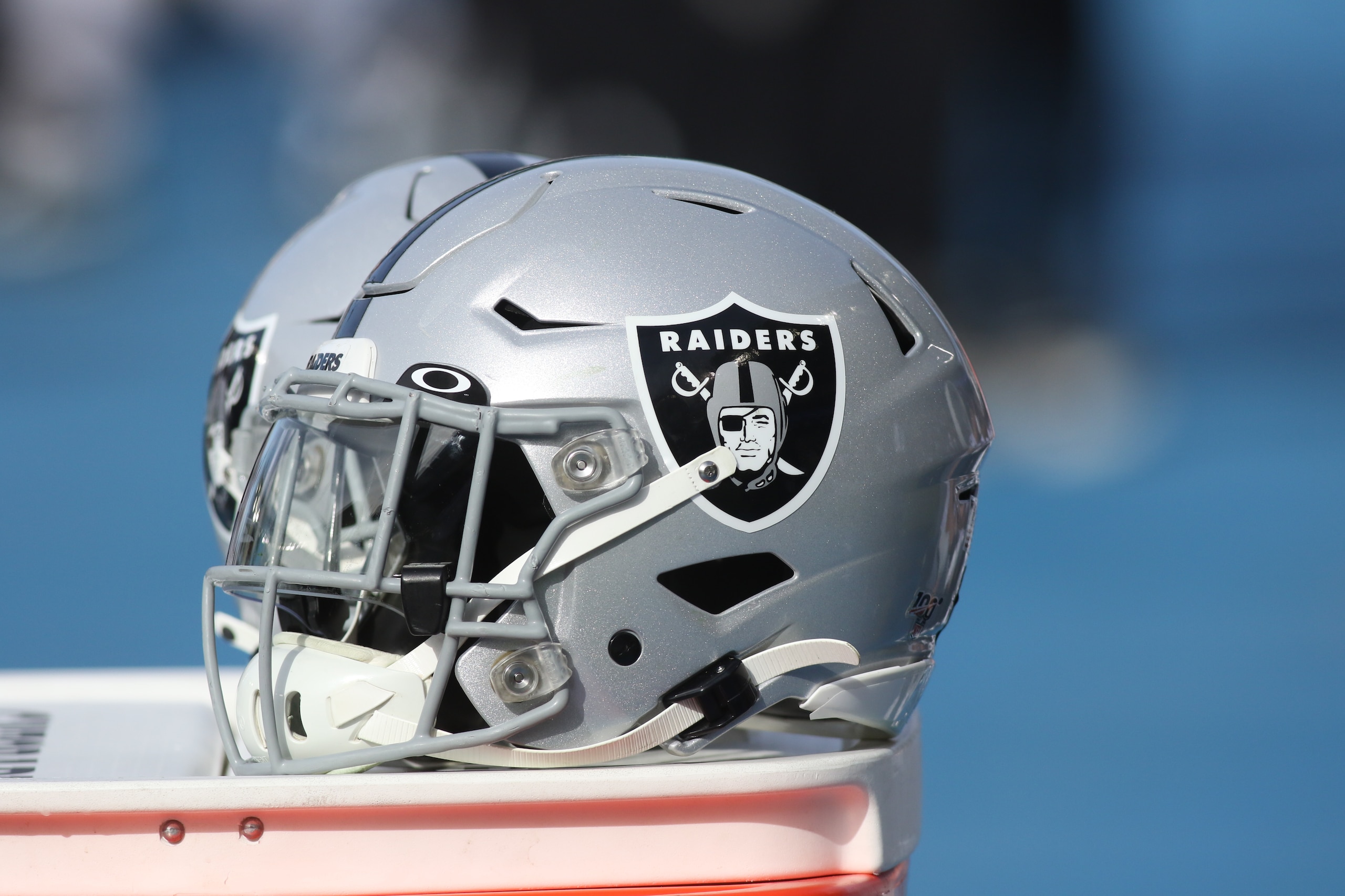 CARSON, CA - DECEMBER 22: Helmets of the Raiders during the Oakland Raiders game versus the Los Angeles Chargers on December 22, 2019, at Dignity Health Sports Park in Carson, CA. (Photo by Kevin Reece/Icon Sportswire via Getty Images)