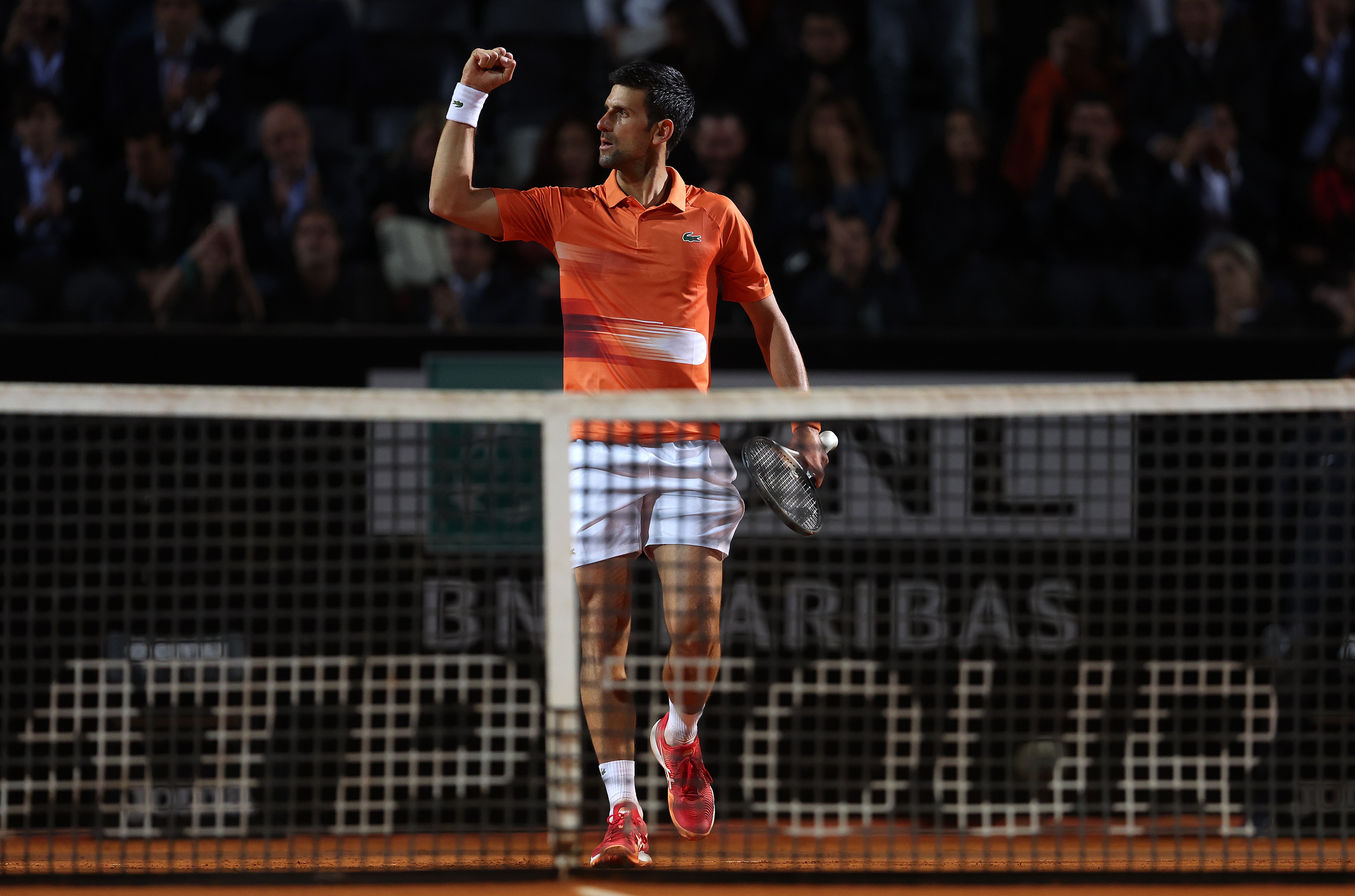 ROME, ITALY - MAY 13:  Novak Djokovic of Serbia celebrates defeating Felix Auger-Aliassime of Canada in the quarter finals on day six of Internazionali BNL D'Italia at Foro Italico on May 13, 2022 in Rome, Italy. (Photo by Julian Finney/Getty Images)