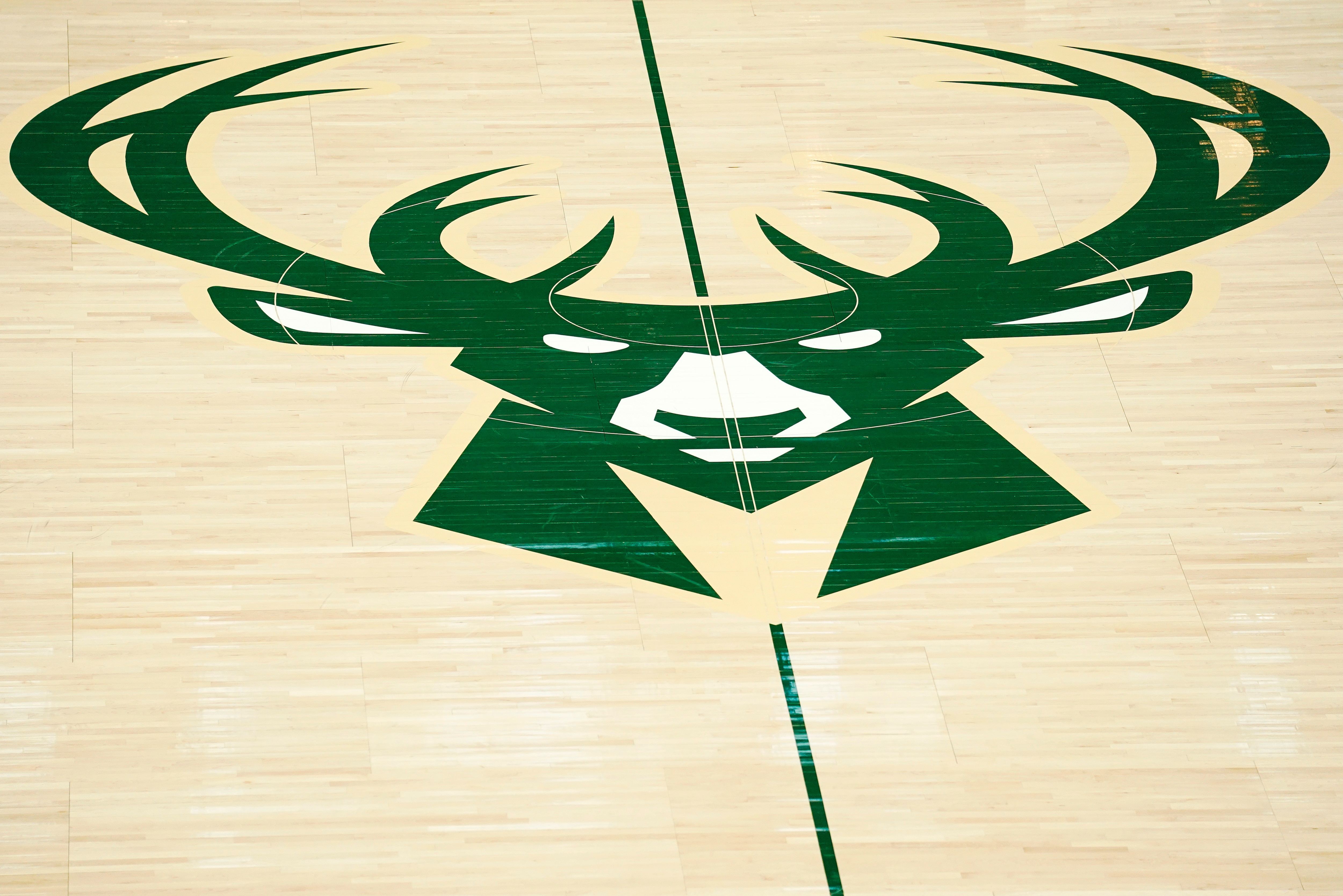 MILWAUKEE, WISCONSIN - MARCH 06: A general view of the Milwaukee Bucks logo at center court before a game against the Phoenix Suns at Fiserv Forum on March 06, 2022 in Milwaukee, Wisconsin. NOTE TO USER: User expressly acknowledges and agrees that, by downloading and or using this photograph, User is consenting to the terms and conditions of the Getty Images License Agreement. (Photo by Patrick McDermott/Getty Images)