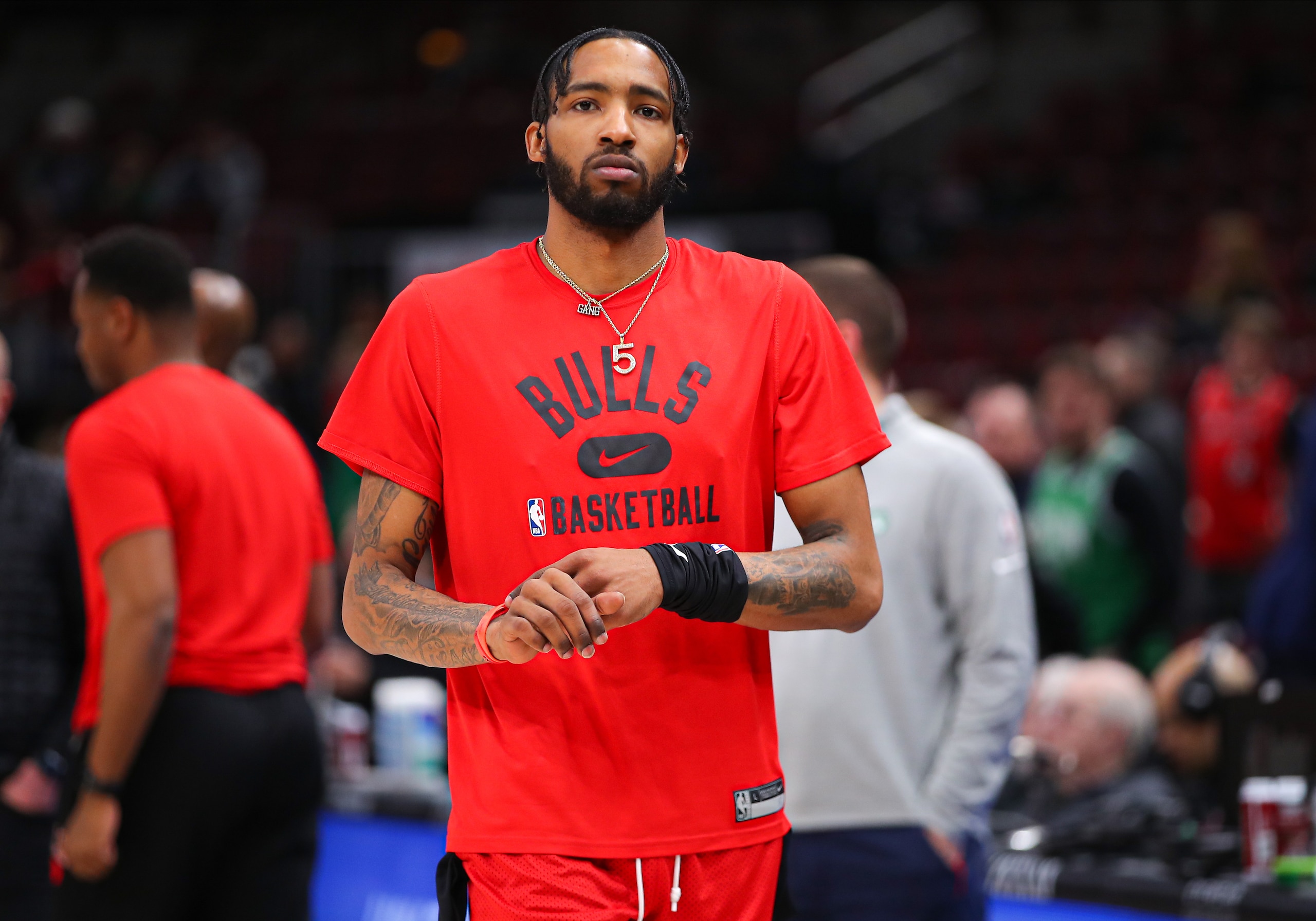 CHICAGO, IL - APRIL 06: Chicago Bulls forward Derrick Jones Jr. (5) looks on before a NBA game between the Boston Celtics and the Chicago Bulls on April 6, 2022 at the United Center in Chicago, IL. (Photo by Melissa Tamez/Icon Sportswire via Getty Images)