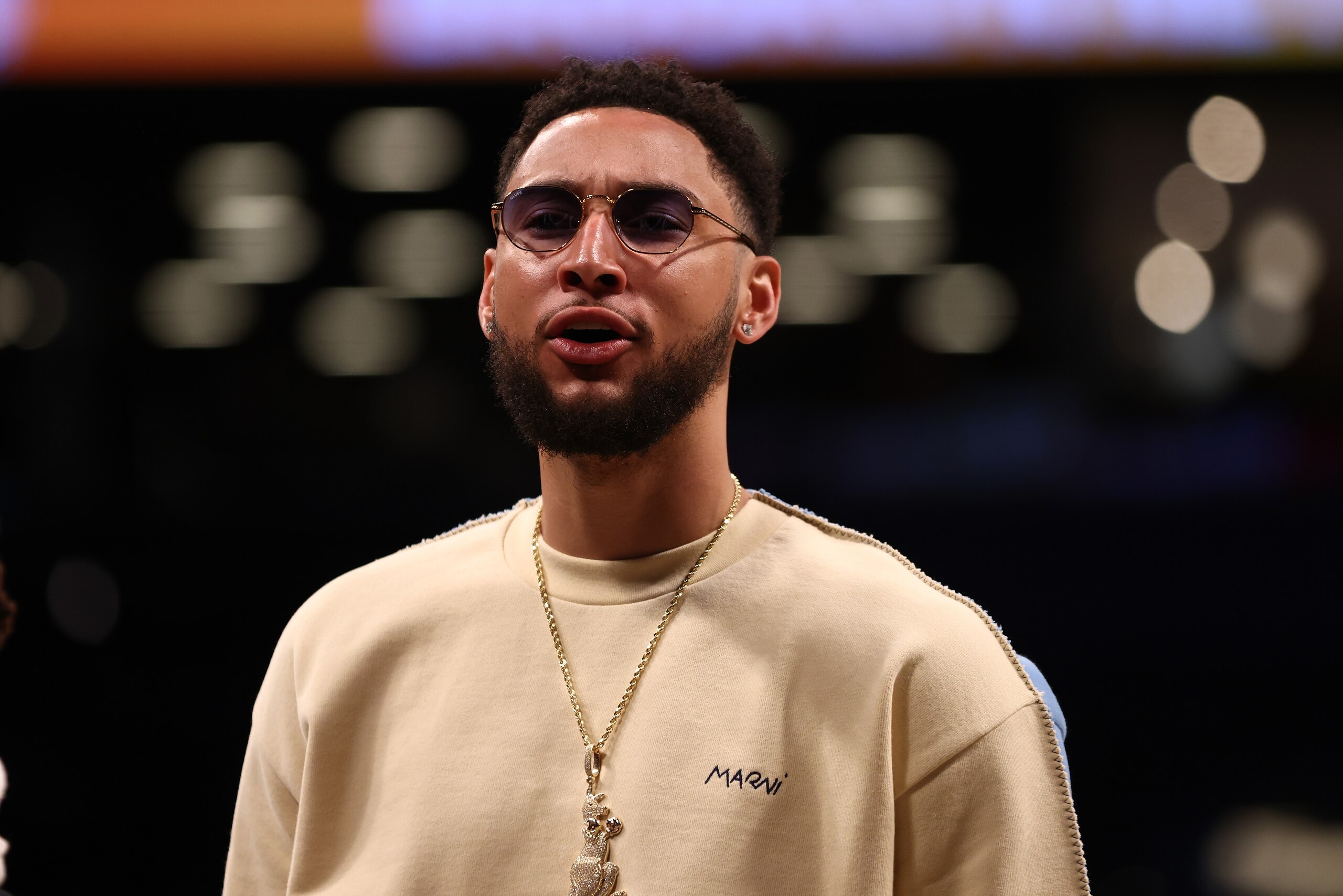NEW YORK, NEW YORK - MARCH 29: Ben Simmons #10 of the Brooklyn Nets looks on from the bench against the Detroit Pistons at Barclays Center on March 29, 2022 in New York City. NOTE TO USER: User expressly acknowledges and agrees that, by downloading and or using this photograph, User is consenting to the terms and conditions of the Getty Images License Agreement. Brooklyn Nets defeated the Detroit Pistons 130-123. (Photo by Mike Stobe/Getty Images) NEW YORK, NEW YORK - MARCH 29: Ben Simmons #10 of the Brooklyn Nets looks on from the bench against the Detroit Pistons at Barclays Center on March 29, 2022 in New York City. NOTE TO USER: User expressly acknowledges and agrees that, by downloading and or using this photograph, User is consenting to the terms and conditions of the Getty Images License Agreement. Brooklyn Nets defeated the Detroit Pistons 130-123. (Photo by Mike Stobe/Getty Images)