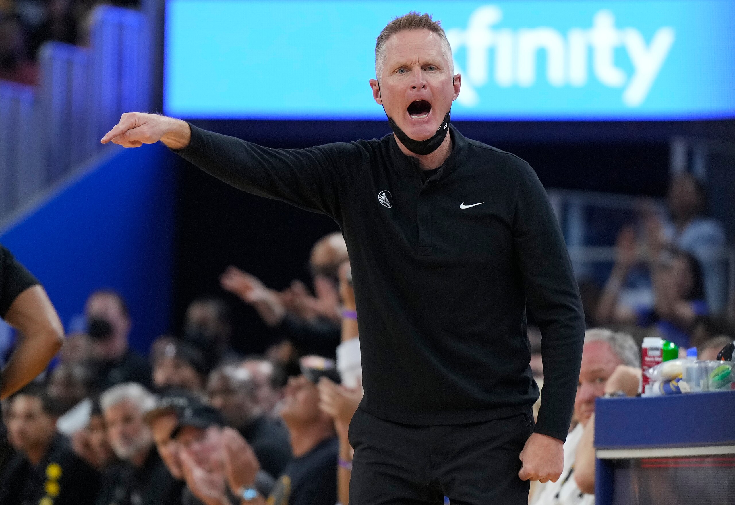 SAN FRANCISCO, CALIFORNIA - MAY 07: Head coach Steve Kerr reacts to the officiating against the Memphis Grizzlies during the first half of Game Three of the Western Conference Semifinals of the NBA Playoffs at Chase Center on May 07, 2022 in San Francisco, California. NOTE TO USER: User expressly acknowledges and agrees that, by downloading and or using this photograph, User is consenting to the terms and conditions of the Getty Images License Agreement. (Photo by Thearon W. Henderson/Getty Images)