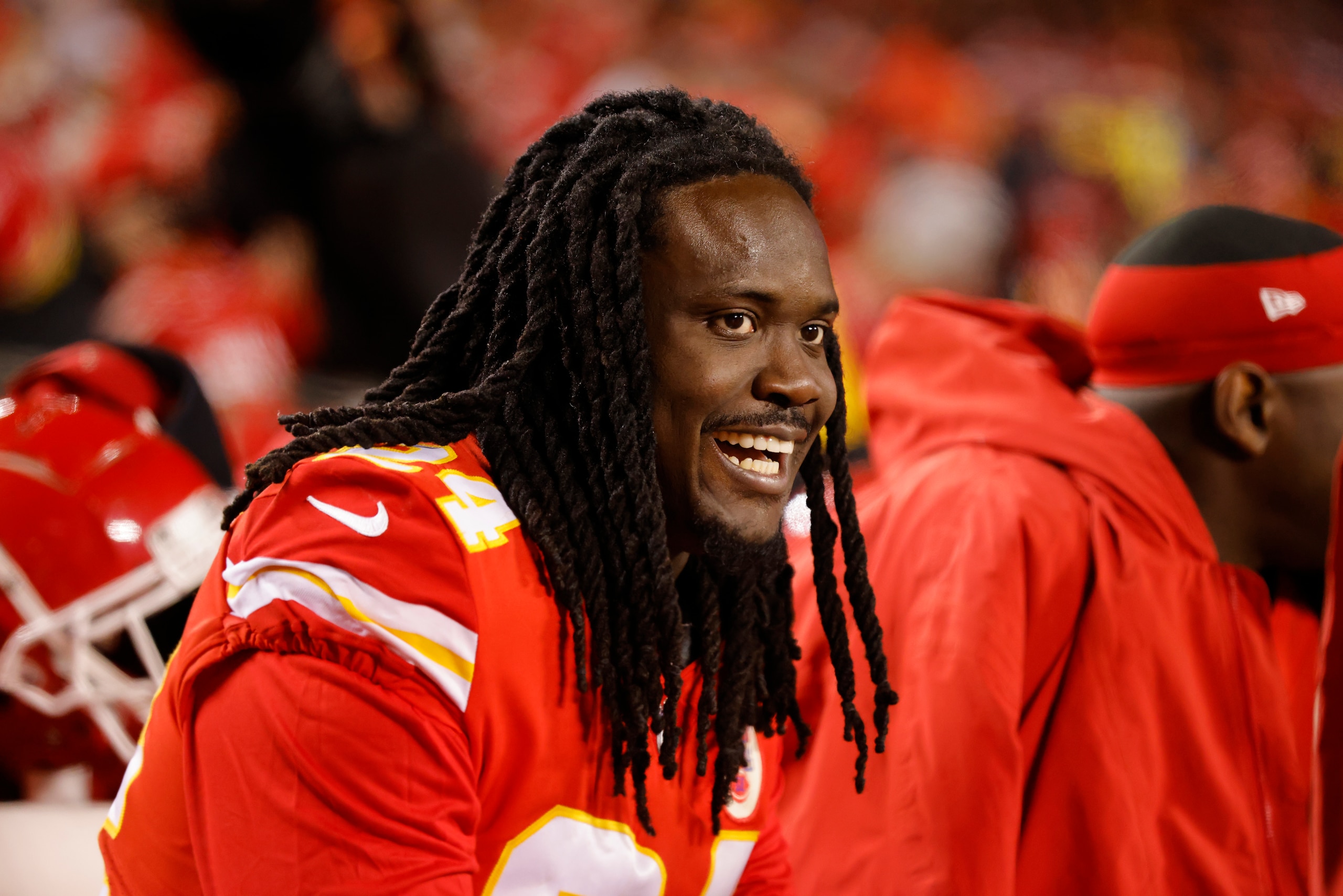 KANSAS CITY, MISSOURI - JANUARY 16: Melvin Ingram III #24 of the Kansas City Chiefs reacts from the bench during the fourth quarter of the game against the Pittsburgh Steelers in the NFC Wild Card Playoff game at Arrowhead Stadium on January 16, 2022 in Kansas City, Missouri. (Photo by David Eulitt/Getty Images)