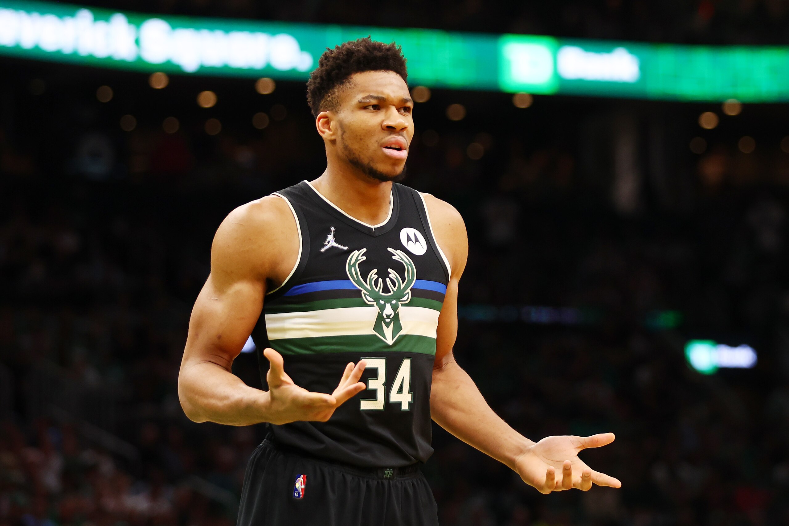 BOSTON, MASSACHUSETTS - MAY 15: Giannis Antetokounmpo #34 of the Milwaukee Bucks reacts during the first quarter against the Boston Celtics in Game Seven of the 2022 NBA Playoffs Eastern Conference Semifinals at TD Garden on May 15, 2022 in Boston, Massachusetts. NOTE TO USER: User expressly acknowledges and agrees that, by downloading and/or using this photograph, User is consenting to the terms and conditions of the Getty Images License Agreement. (Photo by Adam Glanzman/Getty Images) BOSTON, MASSACHUSETTS - MAY 15: Giannis Antetokounmpo #34 of the Milwaukee Bucks reacts during the first quarter against the Boston Celtics in Game Seven of the 2022 NBA Playoffs Eastern Conference Semifinals at TD Garden on May 15, 2022 in Boston, Massachusetts. NOTE TO USER: User expressly acknowledges and agrees that, by downloading and/or using this photograph, User is consenting to the terms and conditions of the Getty Images License Agreement. (Photo by Adam Glanzman/Getty Images)