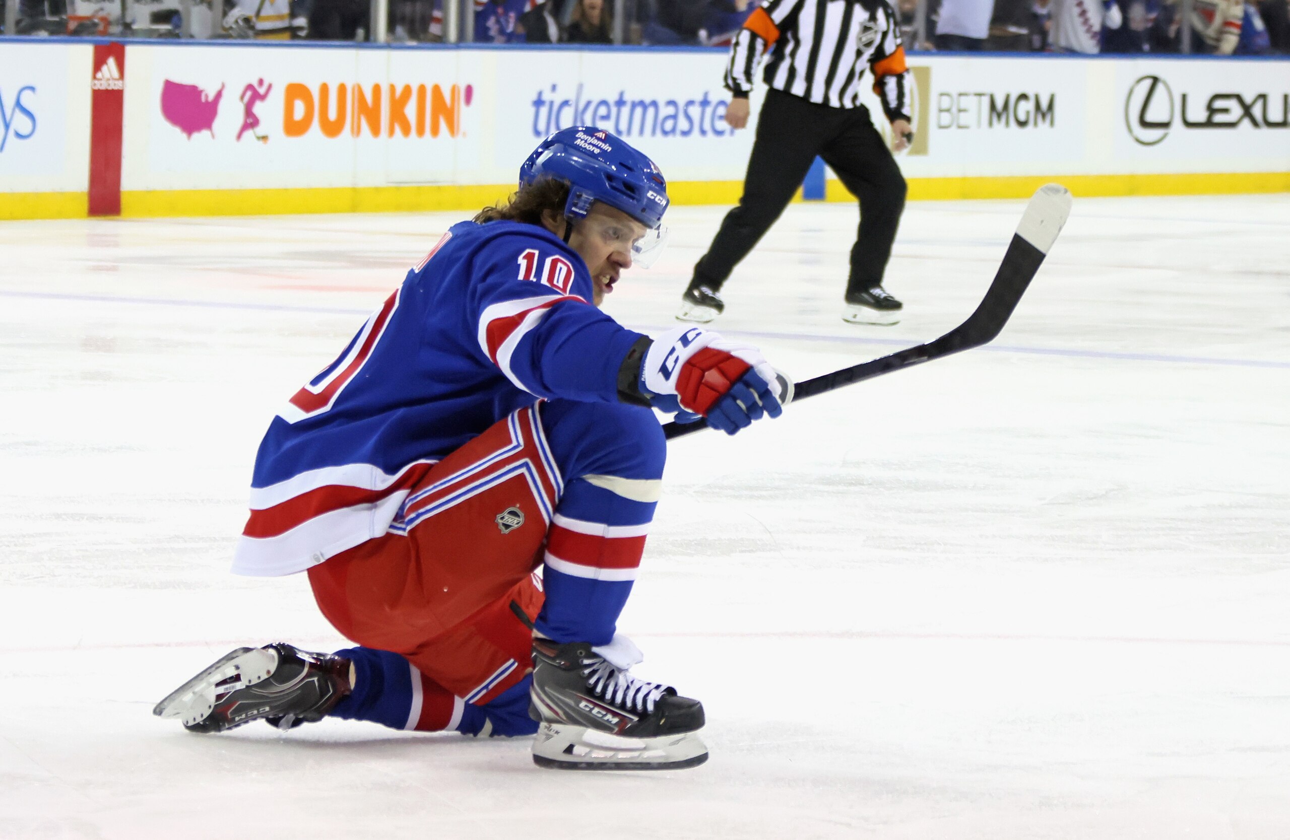 NEW YORK, NEW YORK - MAY 15: Artemi Panarin #10 of the New York Rangers celebrates his game winning overtime goal against the Pittsburgh Penguins in Game Seven of the First Round of the 2022 Stanley Cup Playoffs at Madison Square Garden on May 15, 2022 in New York City. (Photo by Bruce Bennett/Getty Images)