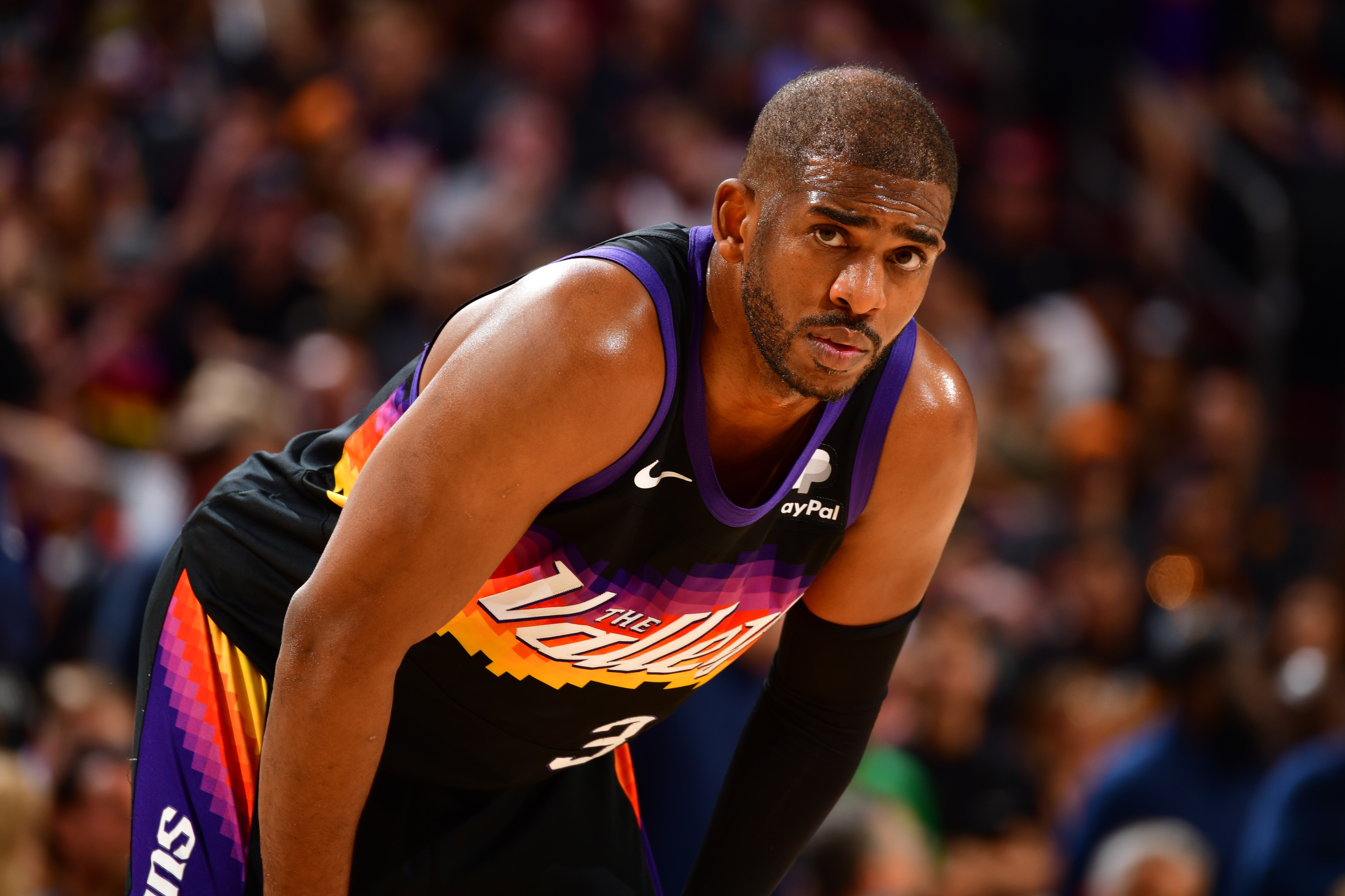 PHOENIX, AZ - MAY 15: Chris Paul #3 of the Phoenix Suns looks on during Game 7 of the 2022 NBA Playoffs Western Conference Semifinals on May 15, 2022 at Footprint Center in Phoenix, Arizona. NOTE TO USER: User expressly acknowledges and agrees that, by downloading and or using this photograph, user is consenting to the terms and conditions of the Getty Images License Agreement. Mandatory Copyright Notice: Copyright 2022 NBAE (Photo by Barry Gossage/NBAE via Getty Images)