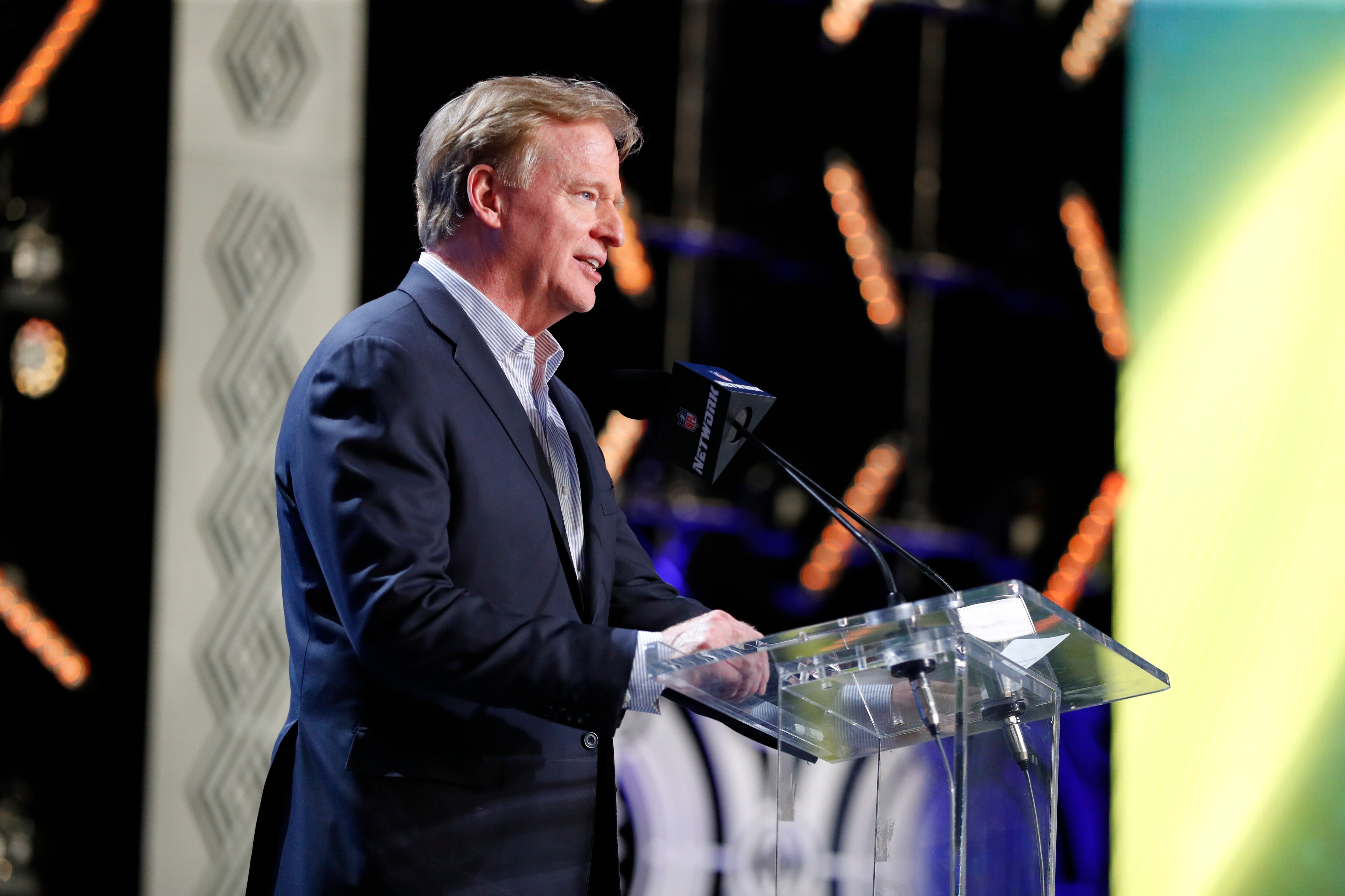 LAS VEGAS, NV - APRIL 28: NFL commissioner Roger Goodell speaks at the podium during the NFL Draft on April 28, 2022 in Las Vegas, Nevada. (Photo by Jeff Speer/Icon Sportswire via Getty Images)