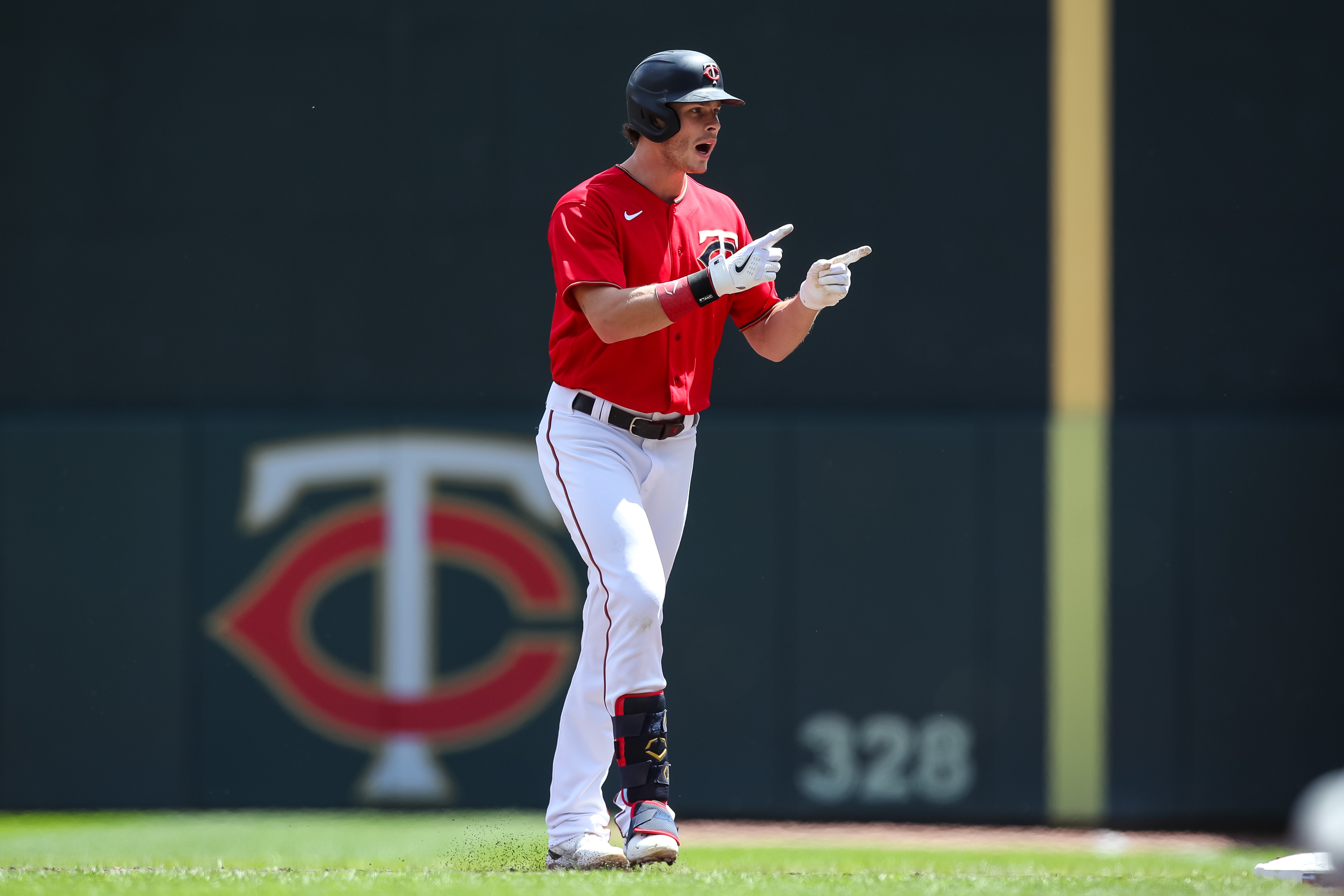MINNEAPOLIS, MN - MAY 15: Max Kepler #26 of the Minnesota Twins celebrates his RBI single against the Cleveland Guardians in the first inning of the game at Target Field on May 15, 2022 in Minneapolis, Minnesota. (Photo by David Berding/Getty Images)