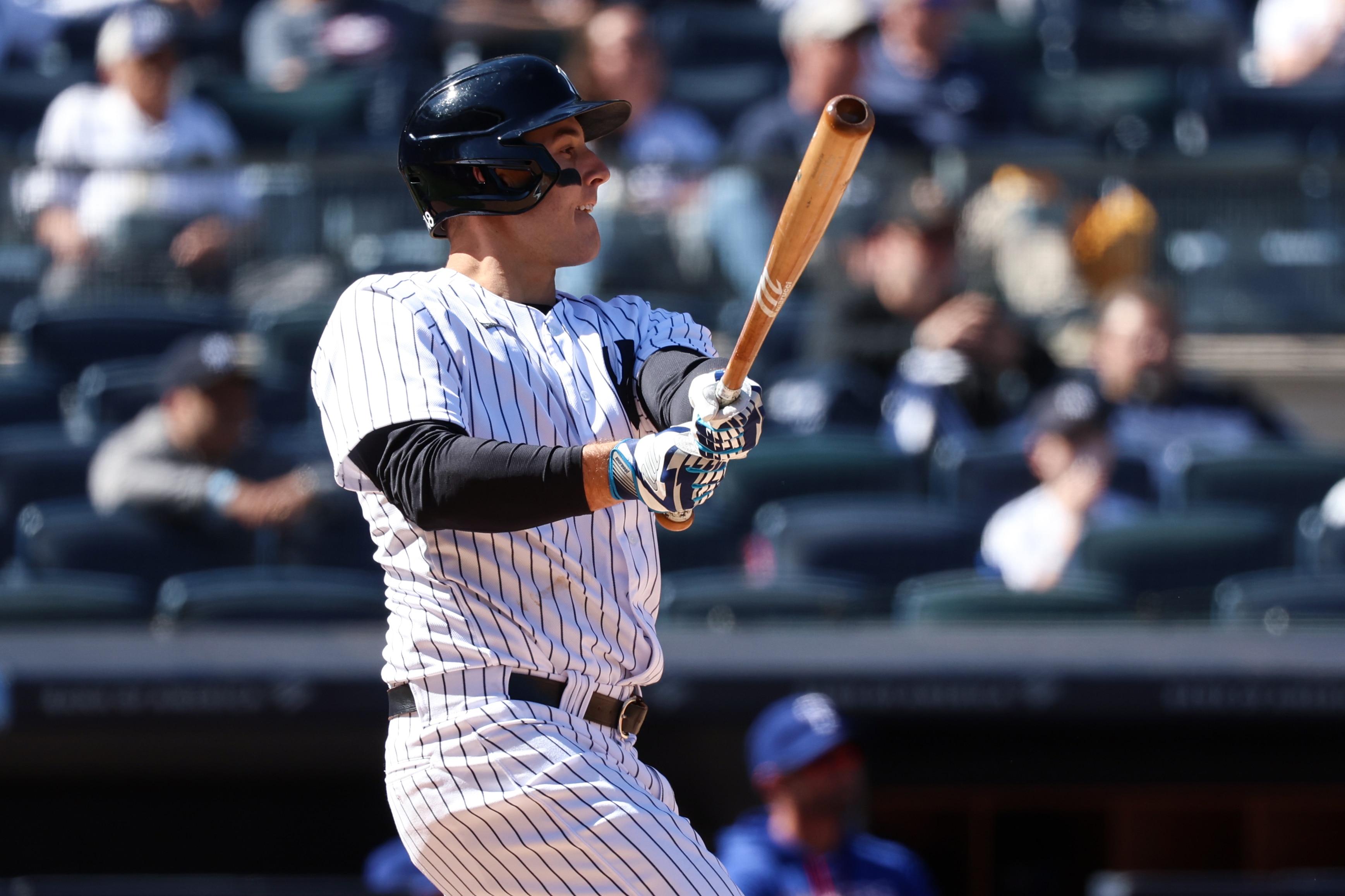 NEW YORK, NEW YORK - MAY 09: Anthony Rizzo #48 of the New York Yankees hits an RBI double during the eighth inning of the game against the Texas Rangers at Yankee Stadium on May 09, 2022 in the Bronx borough of New York City. (Photo by Dustin Satloff/Getty Images)