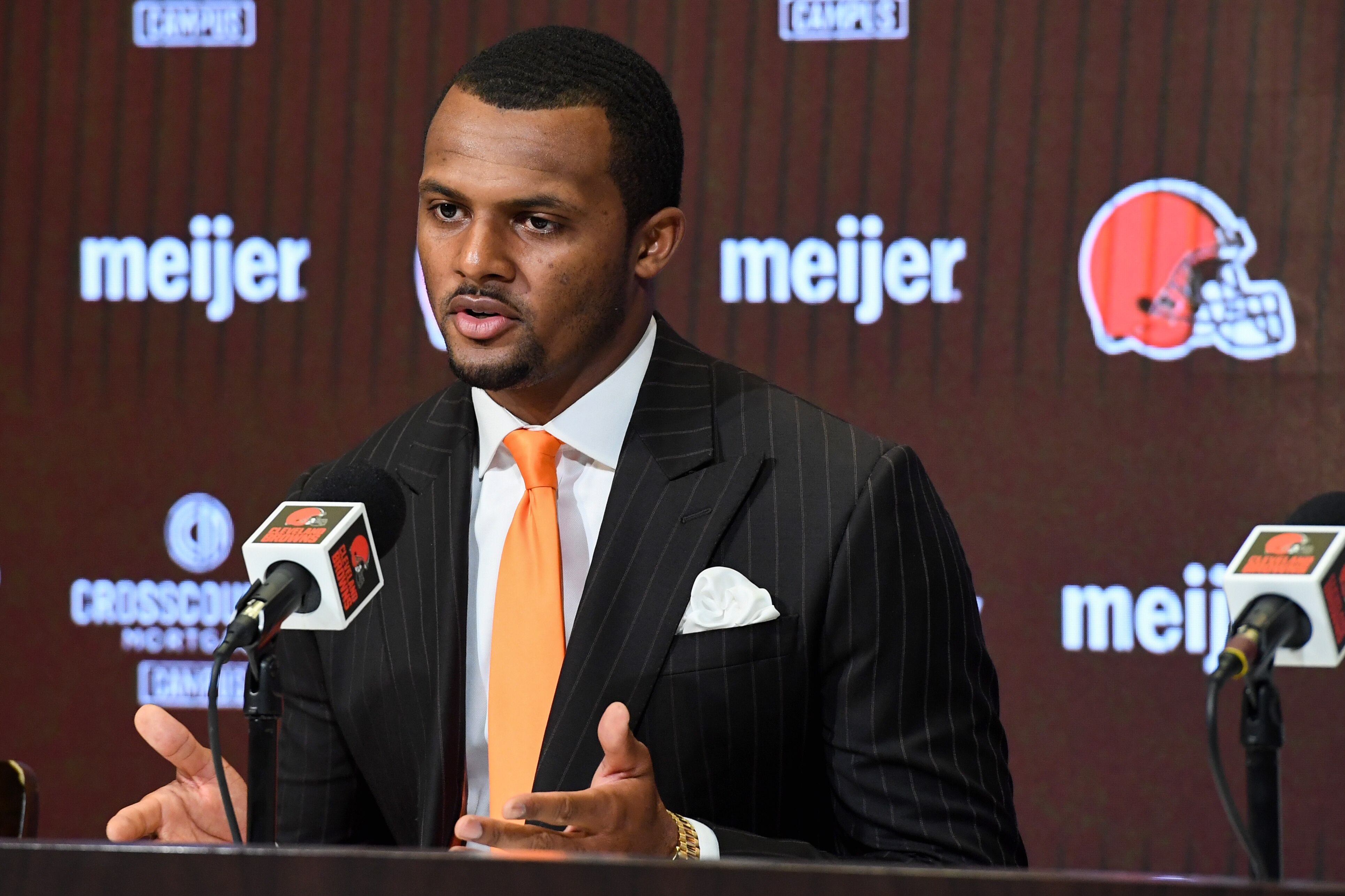 BEREA, OHIO - MARCH 25: Quarterback Deshaun Watson of the Cleveland Browns speaks during his press conference introducing him to the Cleveland Browns  at CrossCountry Mortgage Campus on March 25, 2022 in Berea, Ohio. (Photo by Nick Cammett/Getty Images)