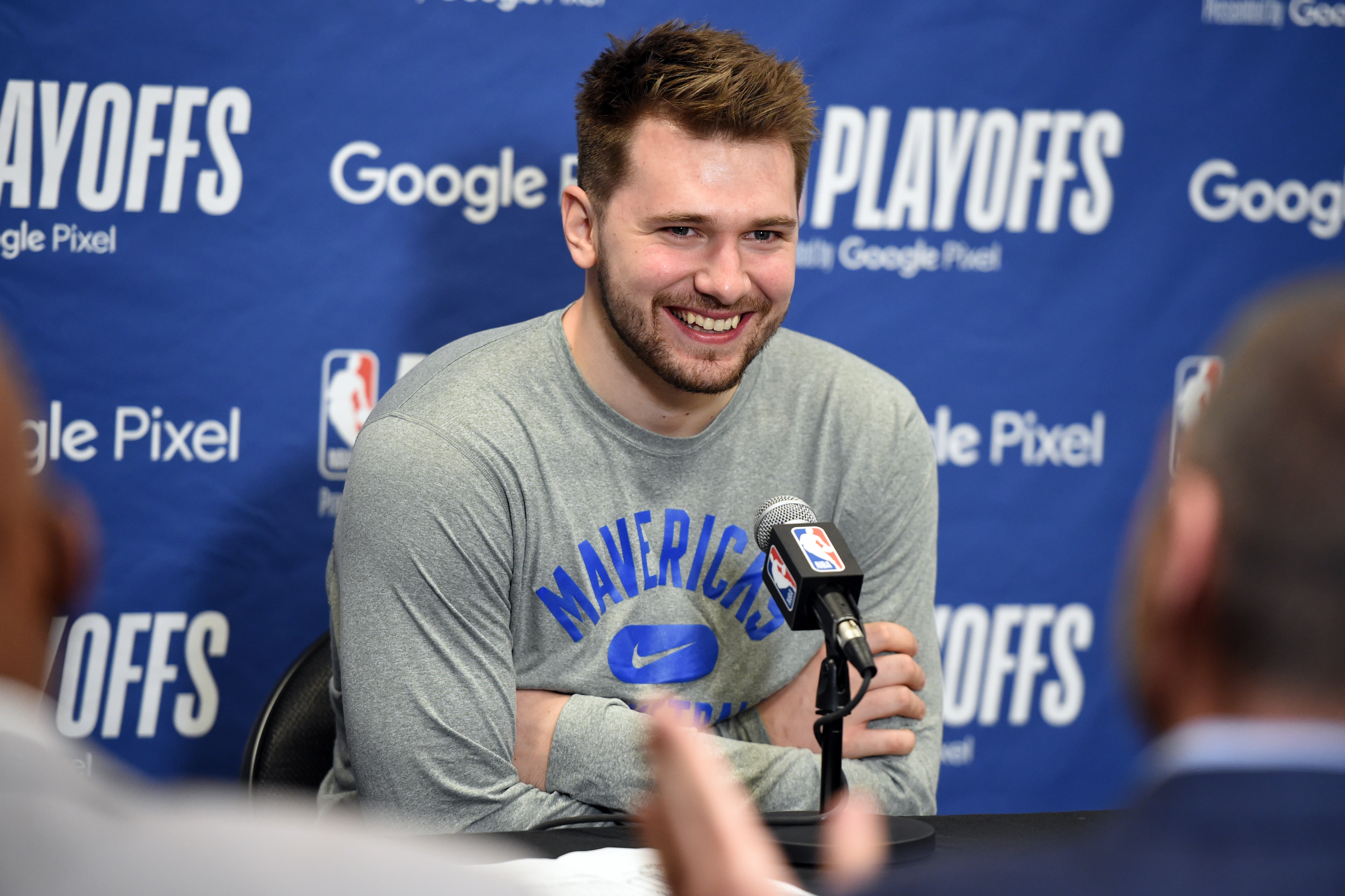 PHOENIX, AZ - MAY 15: Luka Doncic #77 of the Dallas Mavericks talks to the media after the game against the Phoenix Suns during Game 7 of the 2022 NBA Playoffs Western Conference Semifinals on May 15, 2022 at Footprint Center in Phoenix, Arizona. NOTE TO USER: User expressly acknowledges and agrees that, by downloading and or using this photograph, user is consenting to the terms and conditions of the Getty Images License Agreement. Mandatory Copyright Notice: Copyright 2022 NBAE (Photo by Andrew D. Bernstein/NBAE via Getty Images)