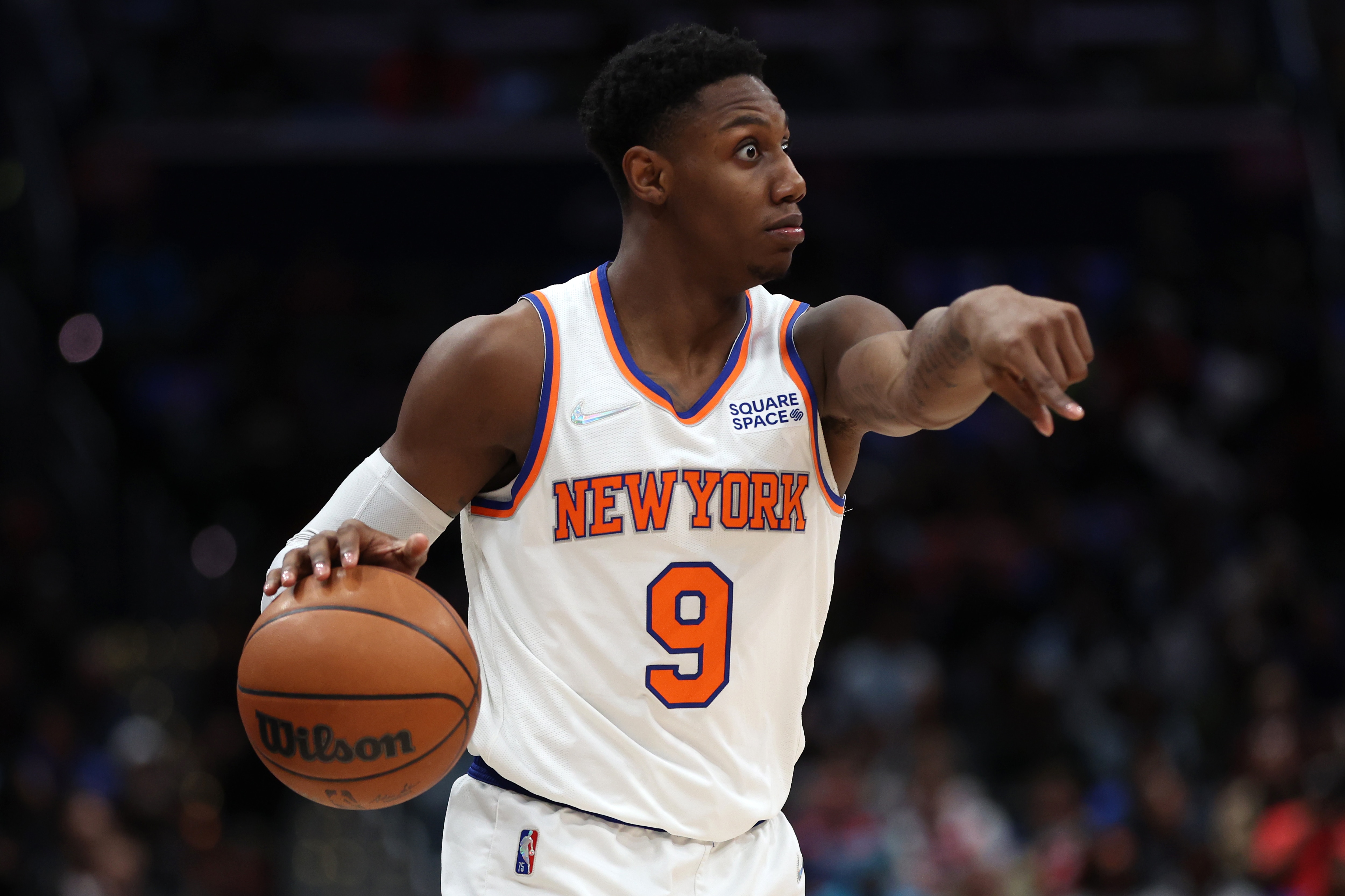 WASHINGTON, DC - APRIL 08: RJ Barrett #9 of the New York Knicks gestures against the Washington Wizards during the first half at Capital One Arena on April 08, 2022 in Washington, DC. NOTE TO USER: User expressly acknowledges and agrees that, by downloading and or using this photograph, User is consenting to the terms and conditions of the Getty Images License Agreement. (Photo by Patrick Smith/Getty Images)