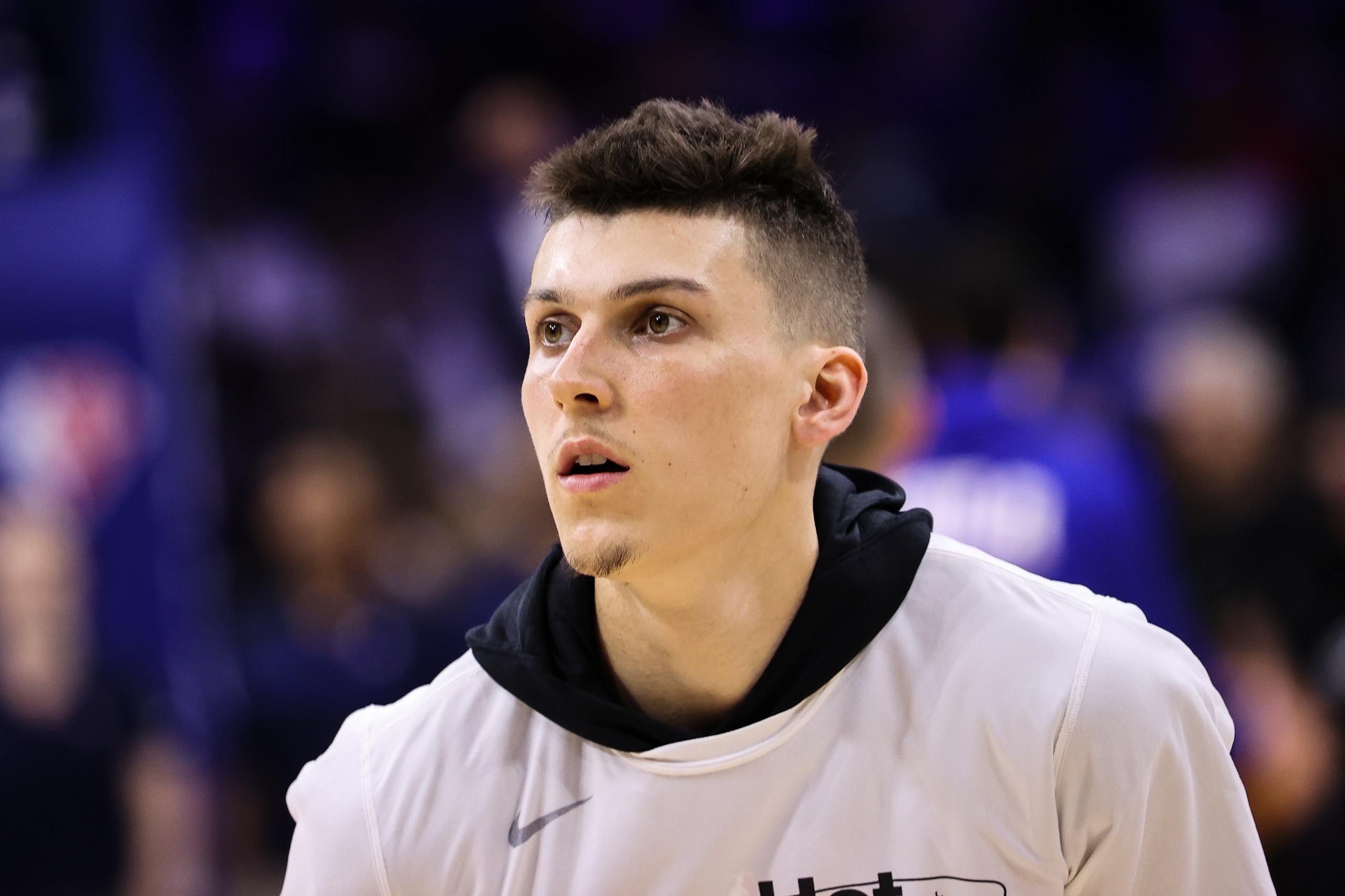 PHILADELPHIA, PA, USA - MAY 12: Miami Heat player Tyler Herro warms up ahead of the NBA match between Philadelphia 76ers and Miami Heat at the Wells Fargo Center in Philadelphia, Pennsylvania, United States on May 12, 2022. (Photo by Tayfun Coskun/Anadolu Agency via Getty Images)