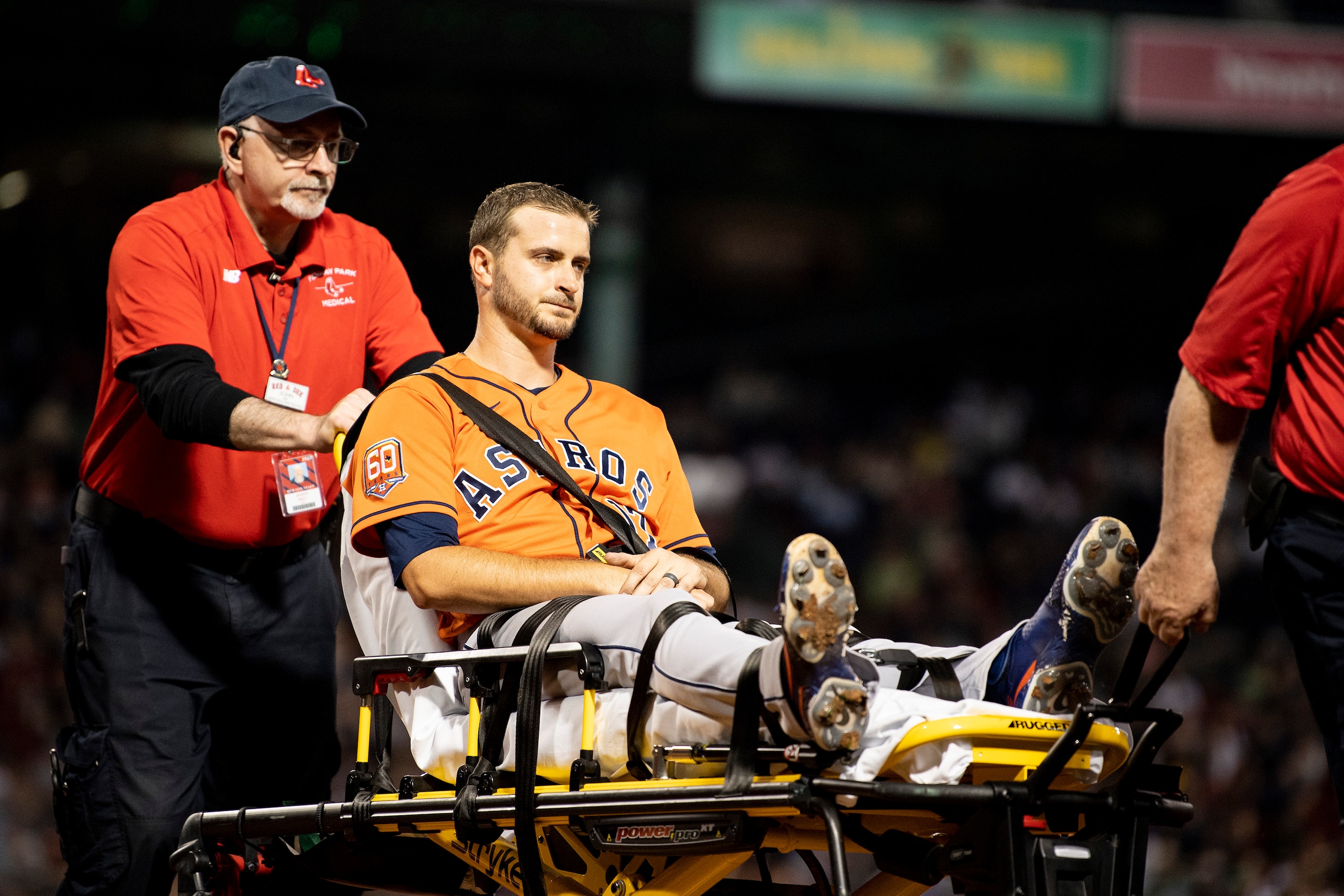 BOSTON, MA - MAY 16: Jake Odorizzi #17 of the Houston Astros reacts as he is removed from the game after an injury during the fifth inning of a game against the Boston Red Sox on May 16, 2022 at Fenway Park in Boston, Massachusetts. (Photo by Billie Weiss/Boston Red Sox/Getty Images)