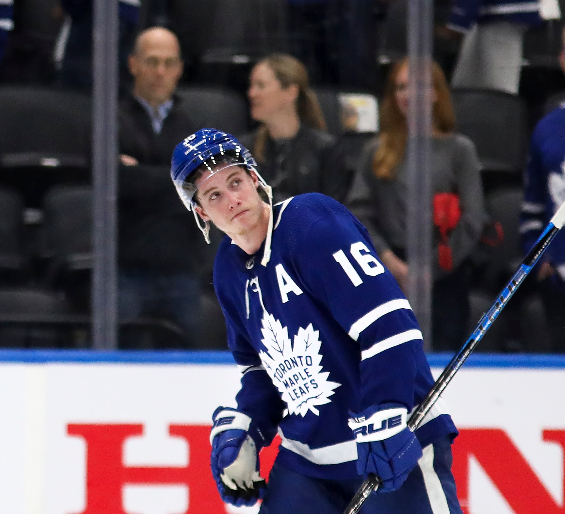 TORONTO, ON - May 14  At the end of the game,Mitchell Marner (16) of the Toronto Maple Leafs head to the bench for the last time this season 
The Toronto Maple Leafs lost to the Tampa Bay Lightning in NHL hockey action at the Scotiabank Arena in Toronto to exit this year's playoffs.  This is the seventh game of the first round of playoffs
May 14 2022        (Richard Lautens/Toronto Star via Getty Images)