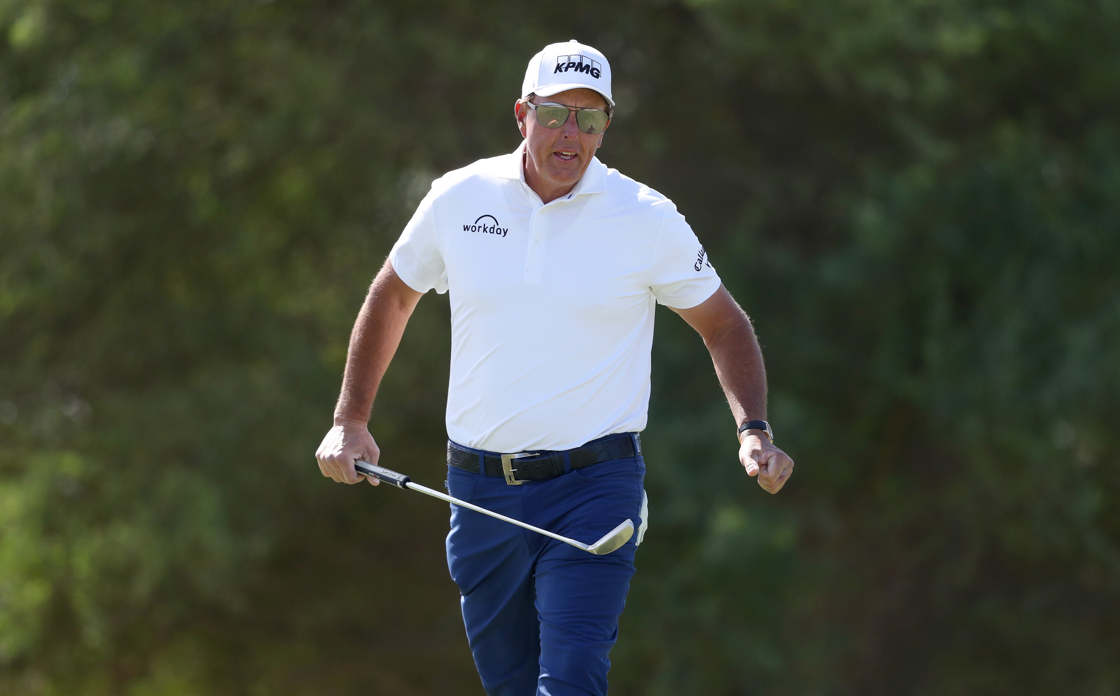 AL MUROOJ, SAUDI ARABIA - FEBRUARY 05: Phil Mickelson of The USA celebrates a birdie putt on the first hole during day three of the PIF Saudi International at Royal Greens Golf & Country Club on February 05, 2022 in Al Murooj, Saudi Arabia. (Photo by Oisin Keniry/Getty Images)