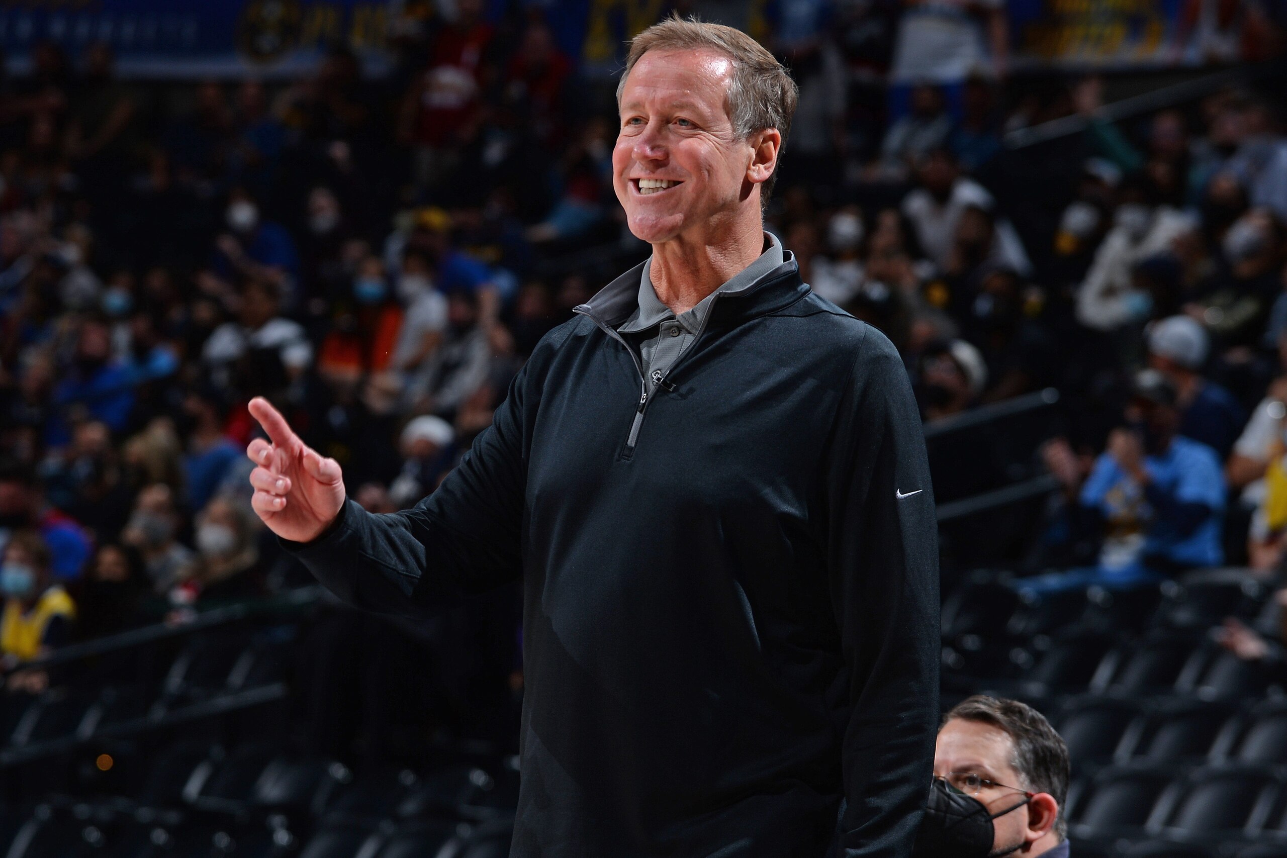 DENVER, CO - MAY 24: Head Coach, Terry Stotts of the Portland Trail Blazers reacts to a play during the game against the Denver Nuggets during Round 2, Game 2 of the 2021 NBA Playoffs on May 24, 2021 at the Ball Arena in Denver, Colorado. NOTE TO USER: User expressly acknowledges and agrees that, by downloading and/or using this Photograph, user is consenting to the terms and conditions of the Getty Images License Agreement. Mandatory Copyright Notice: Copyright 2021 NBAE (Photo by Bart Young/NBAE via Getty Images)
