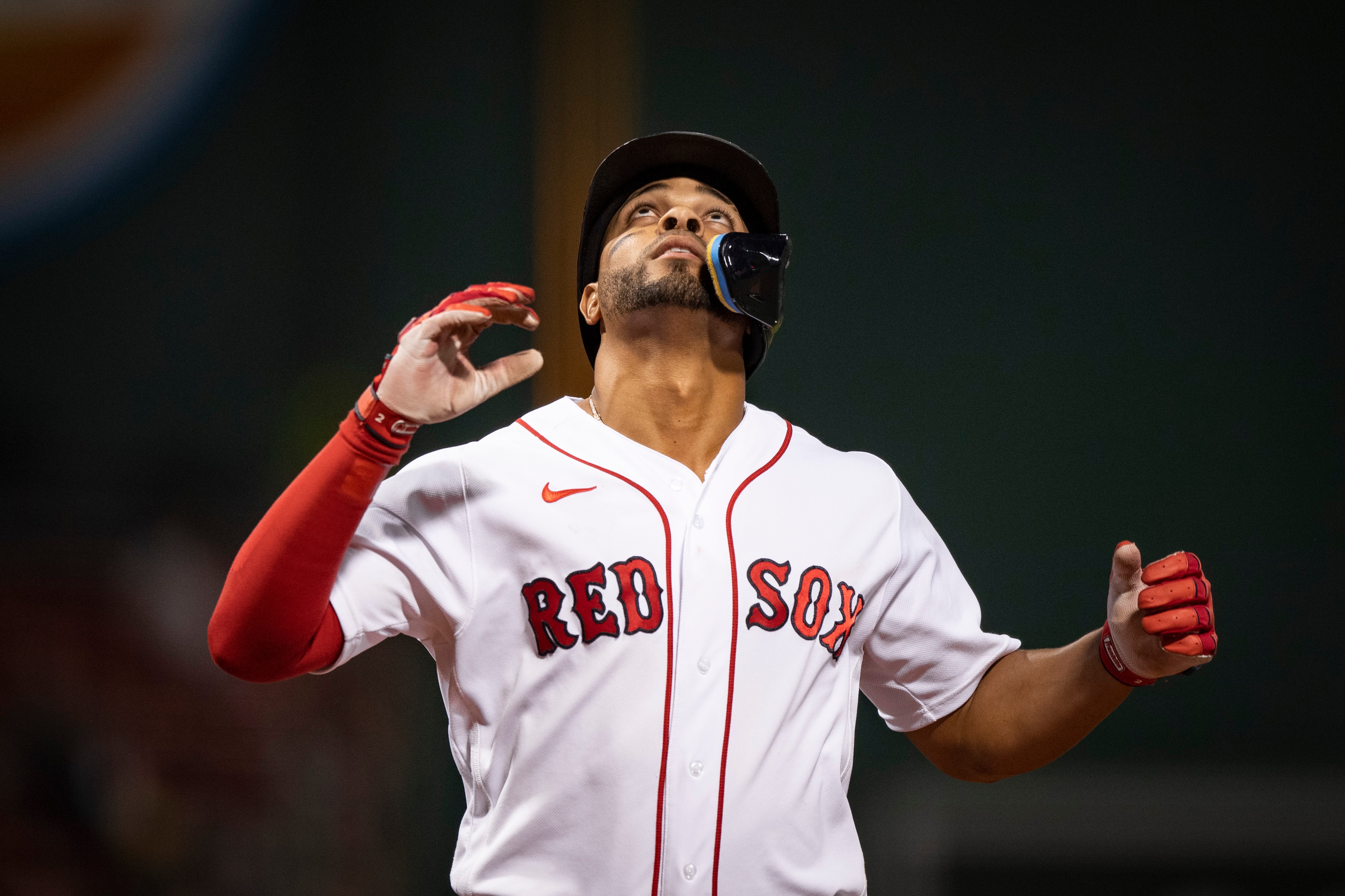 BOSTON, MA - MAY 16: Xander Bogaerts #2 of the Boston Red Sox reacts after hitting a two-run home run during the eighth inning against the Houston Astros on May 16, 2022 at Fenway Park in Boston, Massachusetts. (Photo by Maddie Malhotra/Boston Red Sox/Getty Images)
