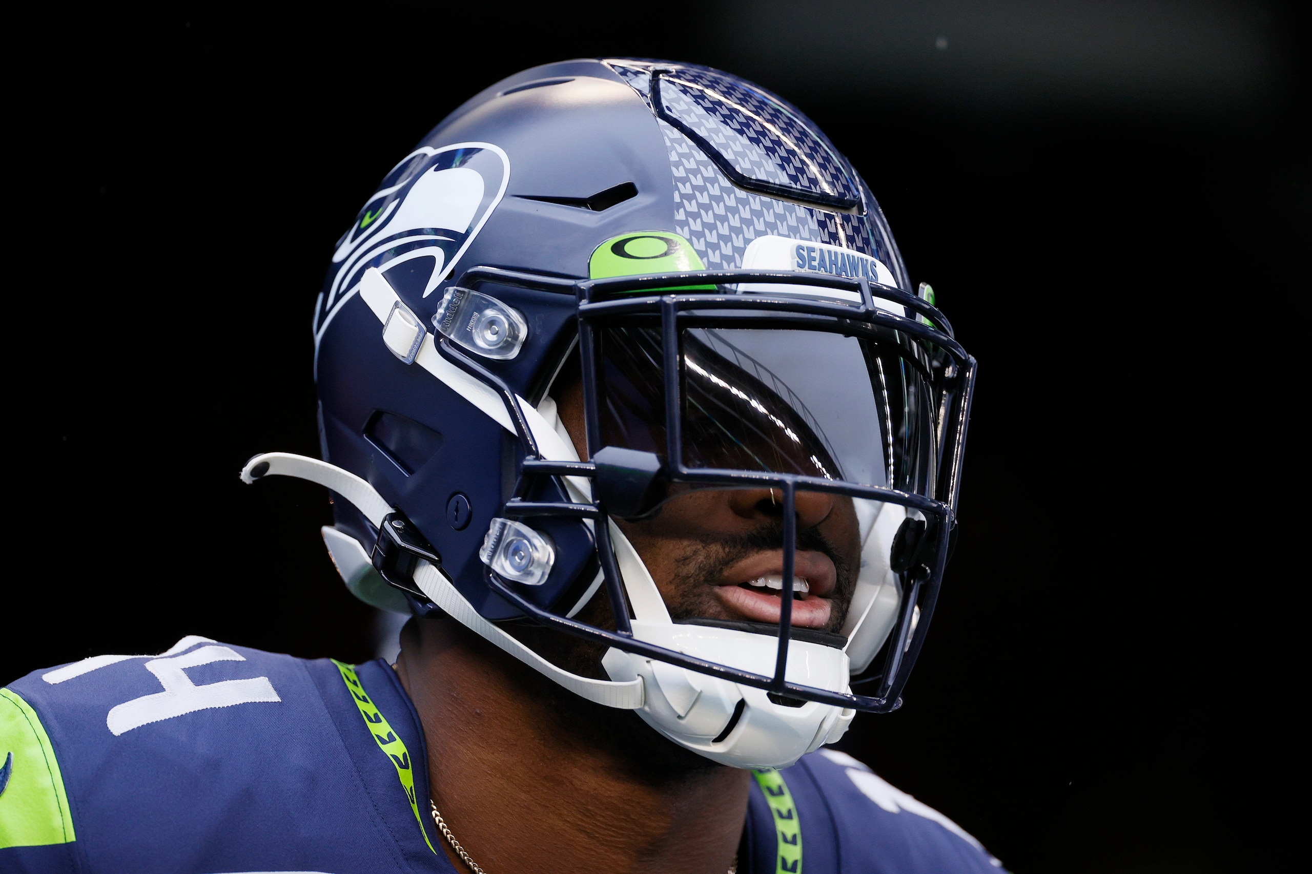 SEATTLE, WASHINGTON - JANUARY 02: DK Metcalf #14 of the Seattle Seahawks on the field before the game against the Detroit Lions at Lumen Field on January 02, 2022 in Seattle, Washington. (Photo by Steph Chambers/Getty Images)