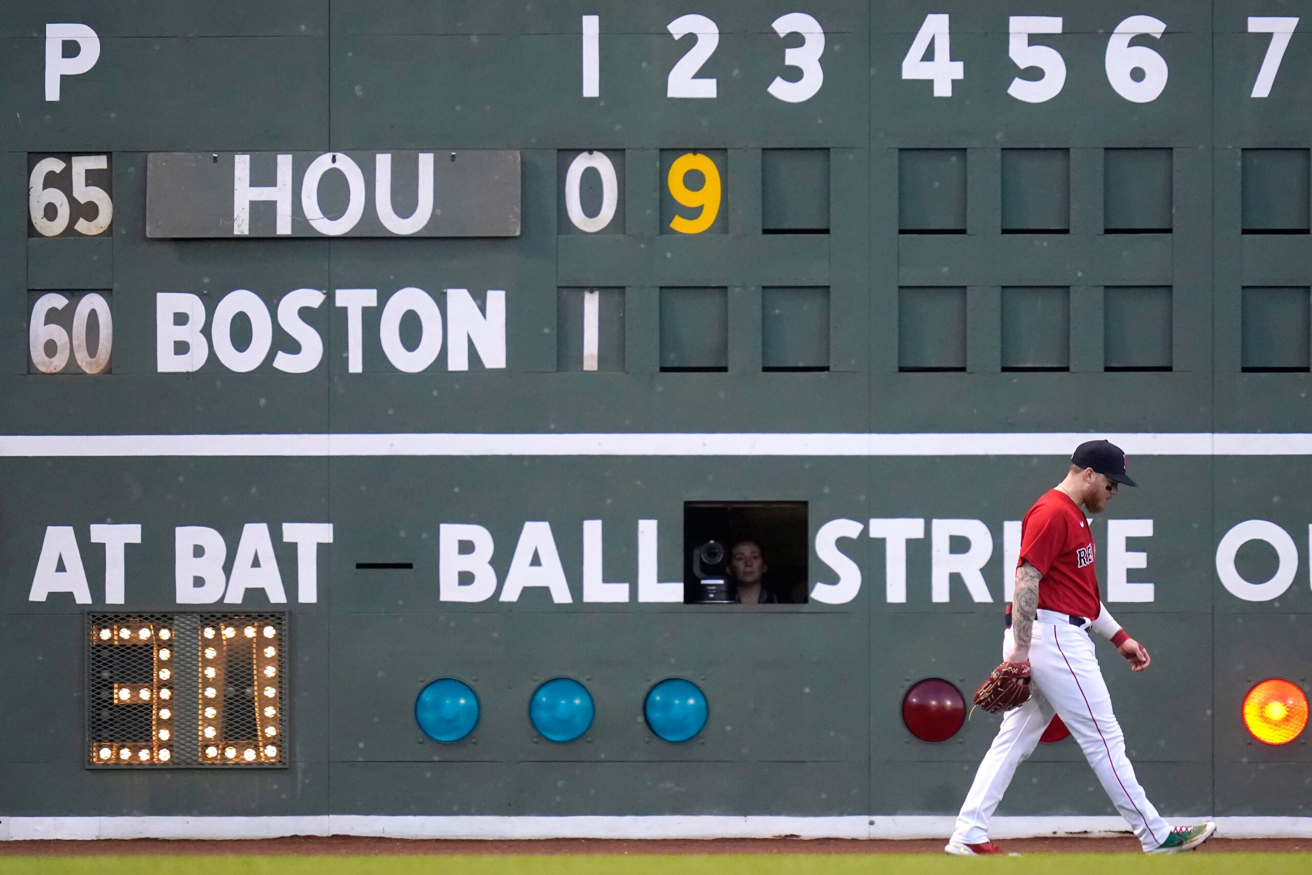 Boston Red Sox left fielder Alex Verdugo walks back to his position during the second inning of the team's baseball game against the Houston Astros at Fenway Park, Tuesday, May 17, 2022, in Boston. (AP Photo/Charles Krupa) Boston Red Sox left fielder Alex Verdugo walks back to his position during the second inning of the team's baseball game against the Houston Astros at Fenway Park, Tuesday, May 17, 2022, in Boston. (AP Photo/Charles Krupa)
