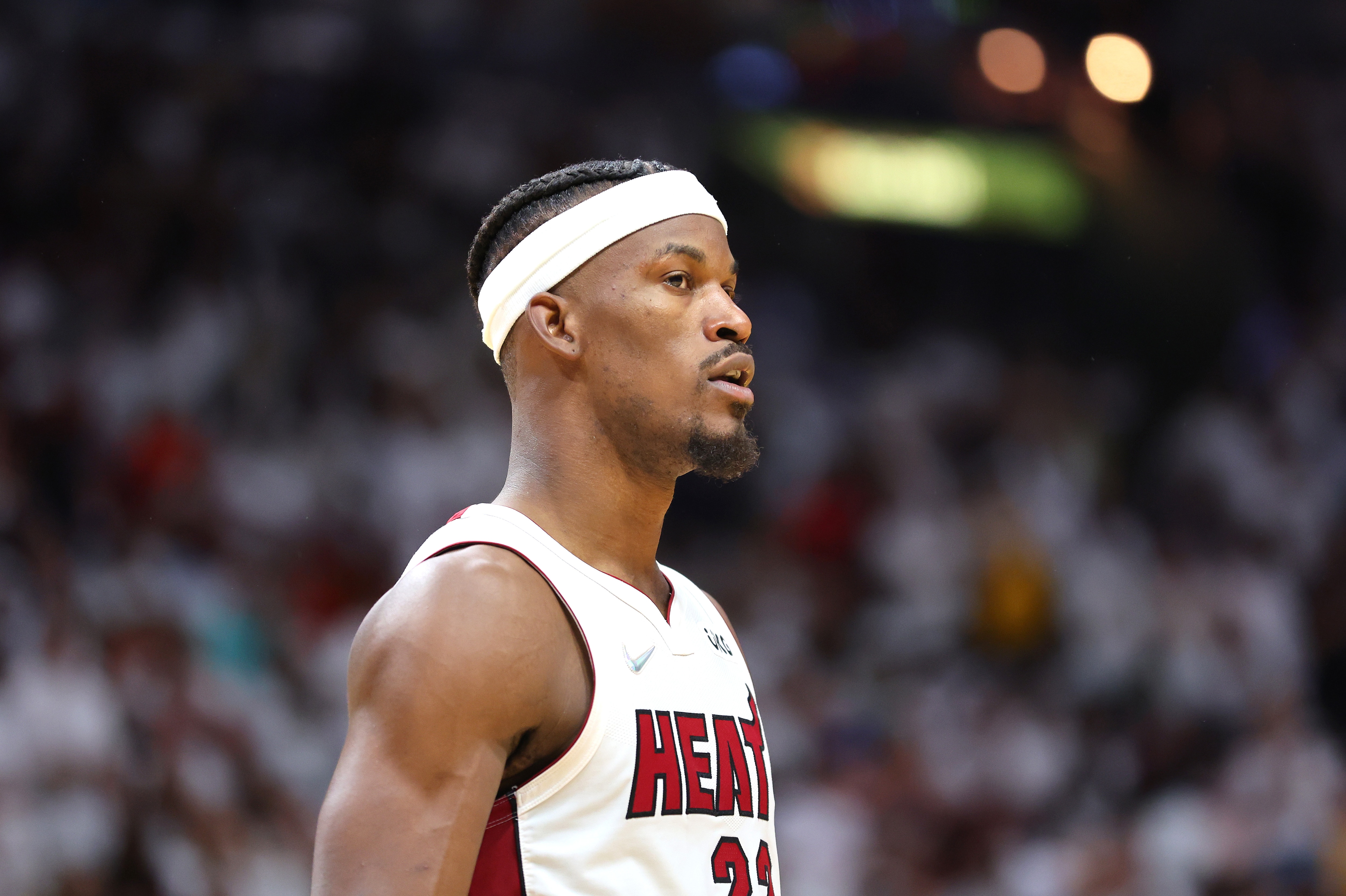 MIAMI, FLORIDA - MAY 17: Jimmy Butler #22 of the Miami Heat looks on against the Boston Celtics during the fourth quarter in Game One of the 2022 NBA Playoffs Eastern Conference Finals at FTX Arena on May 17, 2022 in Miami, Florida. NOTE TO USER: User expressly acknowledges and agrees that, by downloading and or using this photograph, User is consenting to the terms and conditions of the Getty Images License Agreement. (Photo by Michael Reaves/Getty Images) MIAMI, FLORIDA - MAY 17: Jimmy Butler #22 of the Miami Heat looks on against the Boston Celtics during the fourth quarter in Game One of the 2022 NBA Playoffs Eastern Conference Finals at FTX Arena on May 17, 2022 in Miami, Florida. NOTE TO USER: User expressly acknowledges and agrees that, by downloading and or using this photograph, User is consenting to the terms and conditions of the Getty Images License Agreement. (Photo by Michael Reaves/Getty Images)