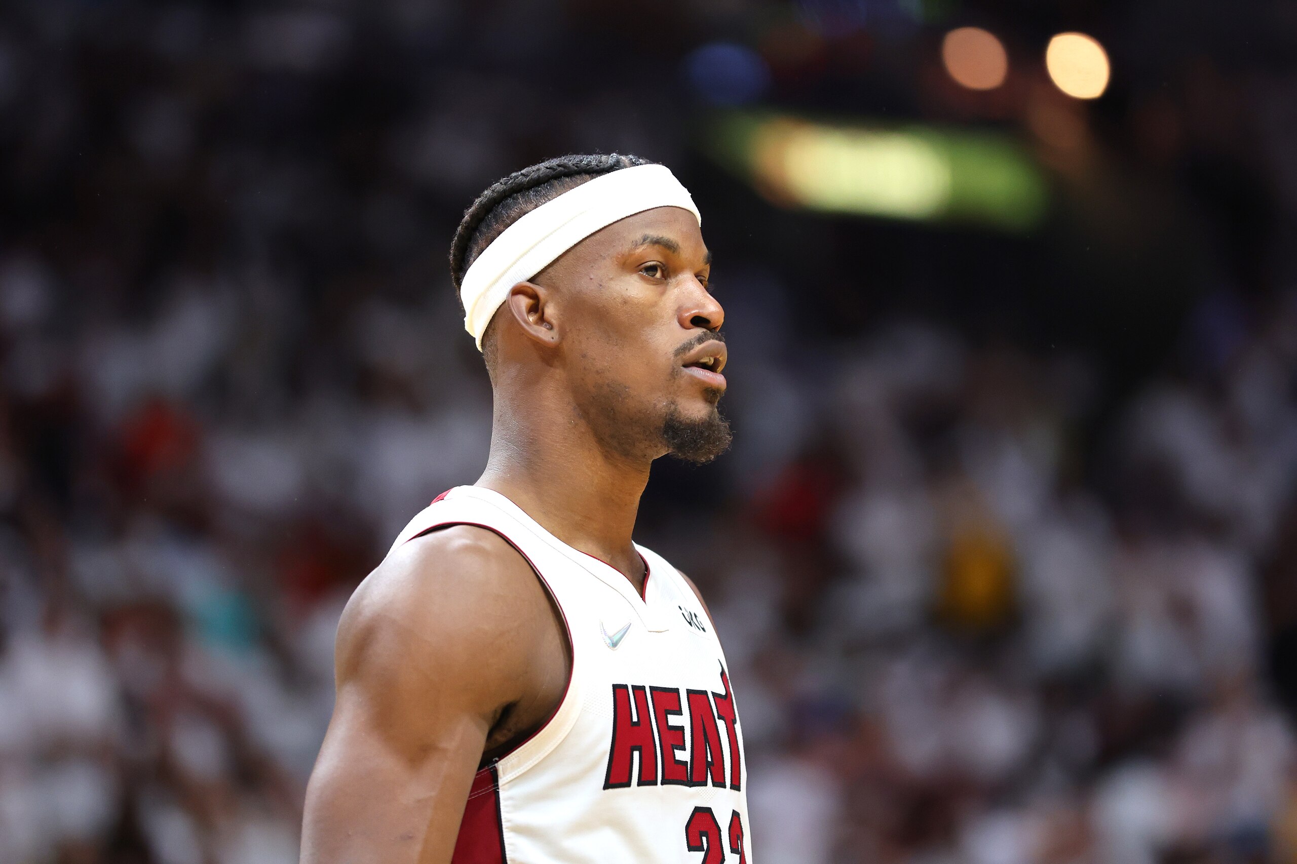 MIAMI, FLORIDA - MAY 17: Jimmy Butler #22 of the Miami Heat looks on against the Boston Celtics during the fourth quarter in Game One of the 2022 NBA Playoffs Eastern Conference Finals at FTX Arena on May 17, 2022 in Miami, Florida. NOTE TO USER: User expressly acknowledges and agrees that, by downloading and or using this photograph, User is consenting to the terms and conditions of the Getty Images License Agreement.  (Photo by Michael Reaves/Getty Images)