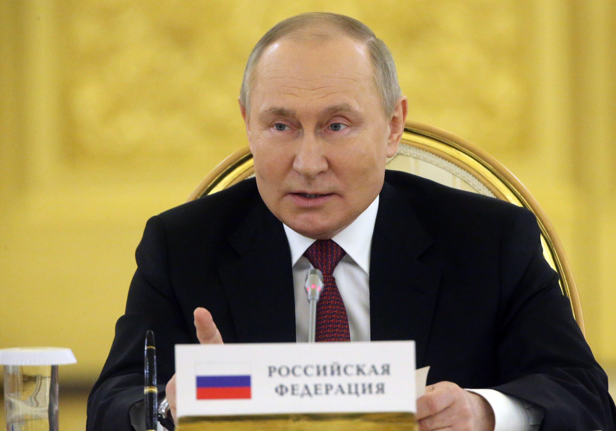MOSCOW, RUSSIA - MAY,16 (RUSSIA OUT) Russian President Vladimir Putin speaks during the Summit of Collective Security Treaty Organisation (CSTO) at the Grand Kremlin Palace, May,16,2022, in Moscow, Russia. Leaders of post-Soviet states have gathered at the Kremlin for the summit of CSTO marking its 30th anniversary this year. (Photo by Contributor/Getty Images)