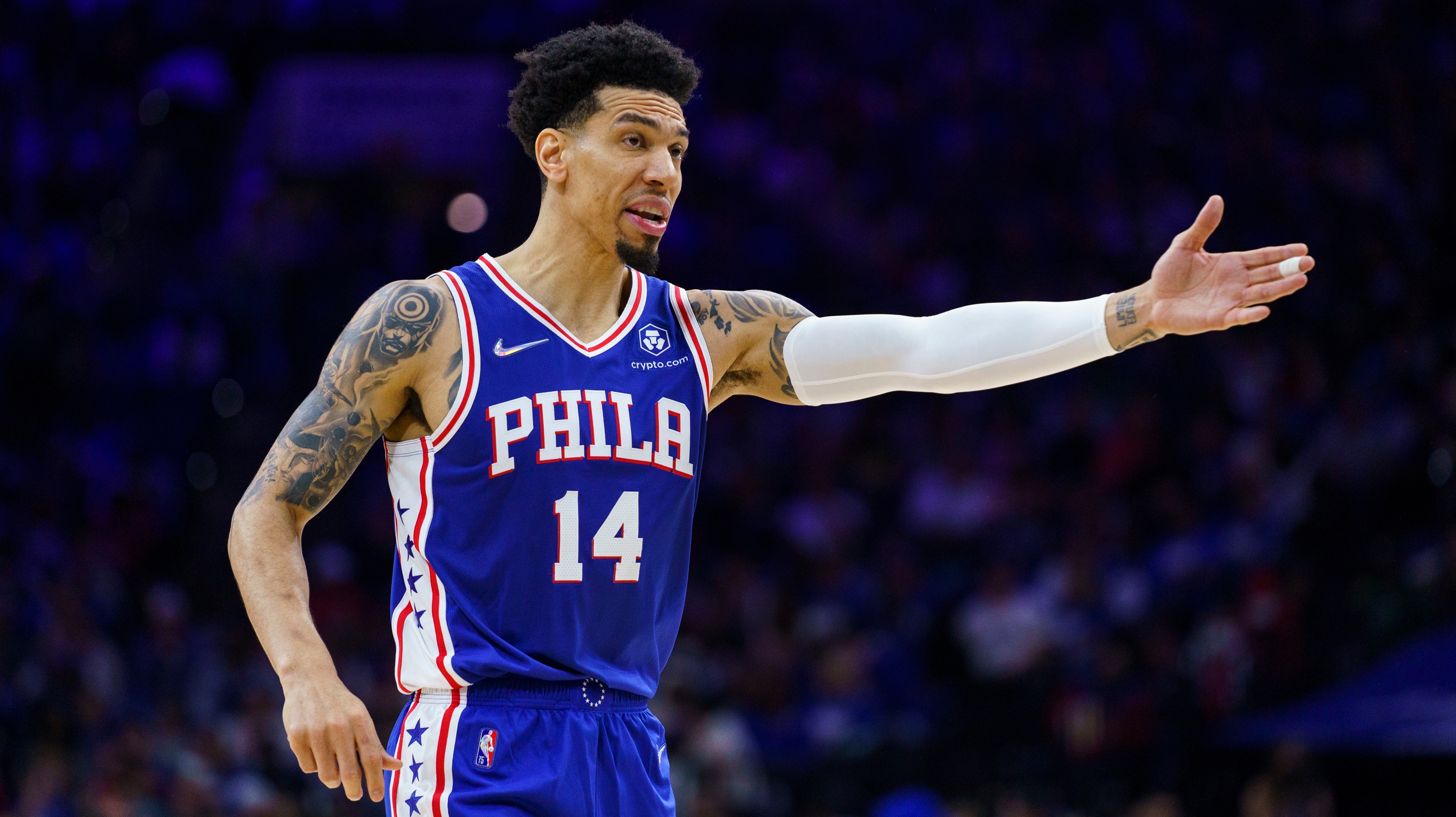 Philadelphia 76ers' Danny Green reacts during Game 1 of an NBA basketball first-round playoff series against the Toronto Raptors, Saturday, April 16, 2022, in Philadelphia. The 76ers won 131-111. (AP Photo/Chris Szagola)