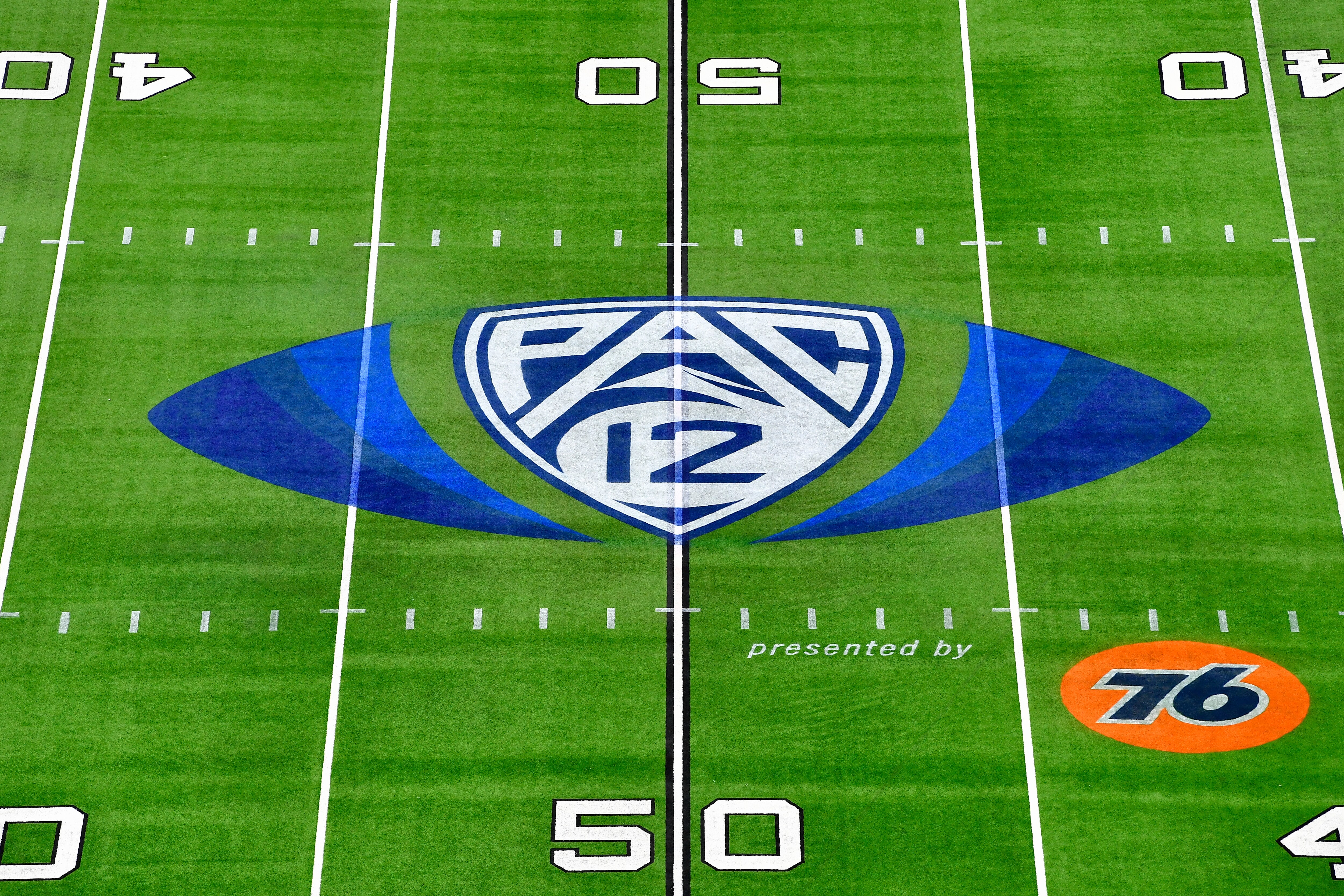 LAS VEGAS, NEVADA - DECEMBER 03: A general view of the PAC-12 logo at midfield before the PAC-12 Football Championship football game between the Oregon Ducks and the Utah Utes at Allegiant Stadium on December 03, 2021 in Las Vegas, Nevada. (Photo by Alika Jenner/Getty Images)