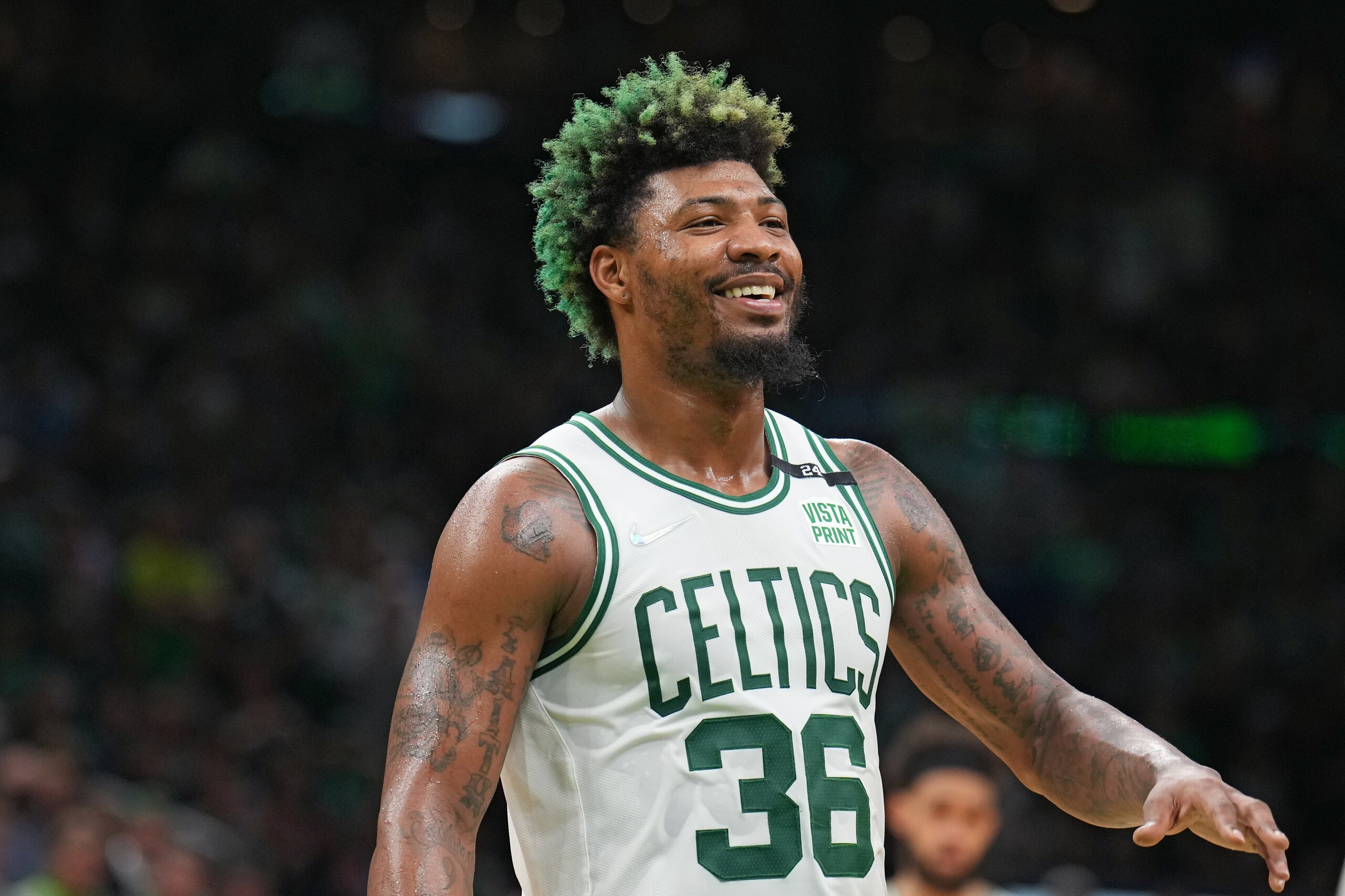 BOSTON, MA - MAY 15: Marcus Smart #36 of the Boston Celtics smiles during Game 7 of the 2022 NBA Playoffs Eastern Conference Semifinals on May 15, 2022 at TD Garden in Boston, Massachusets. NOTE TO USER: User expressly acknowledges and agrees that, by downloading and/or using this Photograph, user is consenting to the terms and conditions of the Getty Images License Agreement. Mandatory Copyright Notice: Copyright 2022 NBAE (Photo by Jesse D. Garrabrant/NBAE via Getty Images)