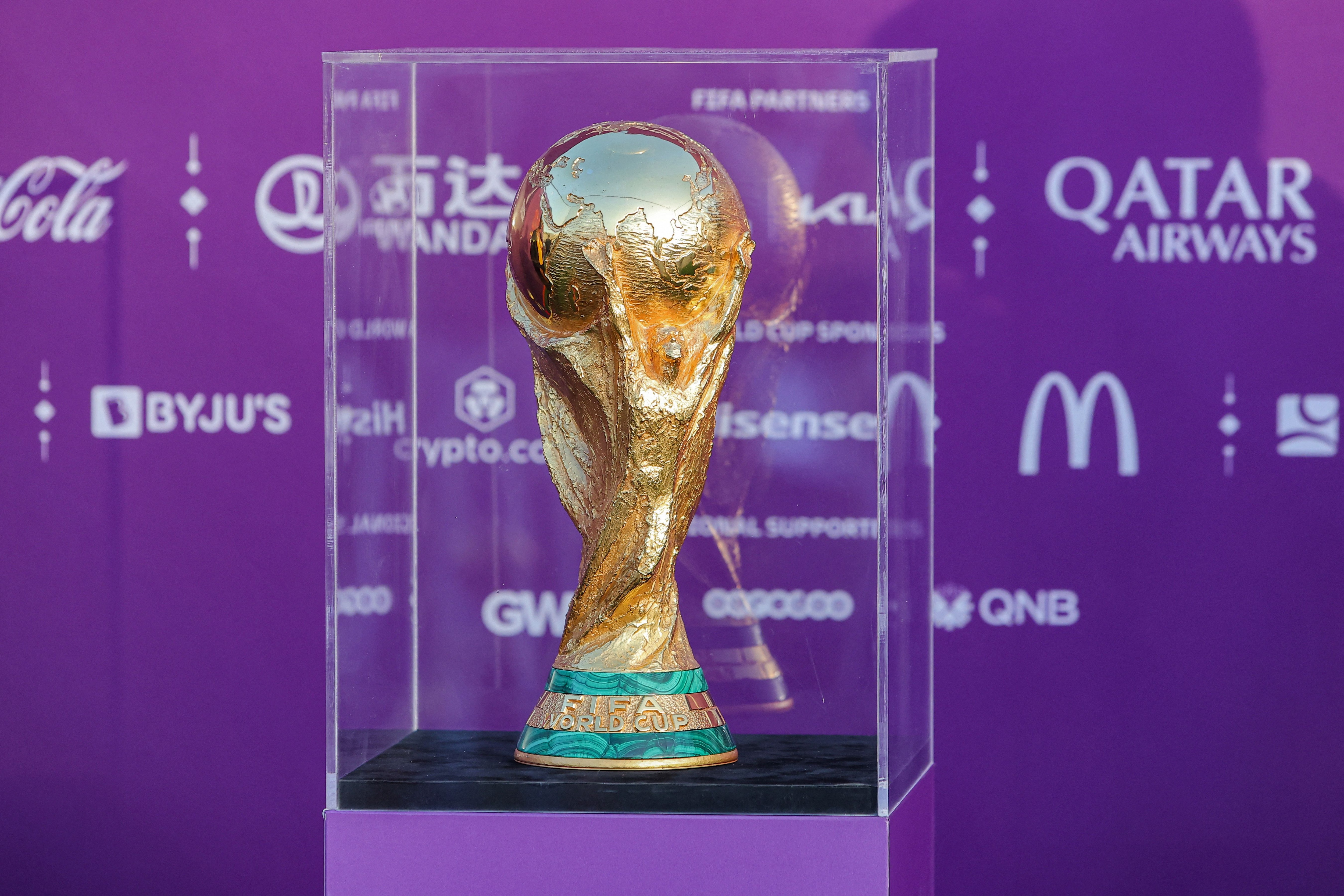 This picture taken on May 10, 2022 shows a view of the FIFA World Cup Trophy while on display at the Katara cultural village in Qatar's capital Doha. (Photo by KARIM JAAFAR / AFP) (Photo by KARIM JAAFAR/AFP via Getty Images)